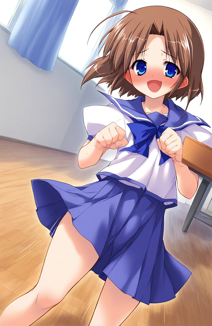 score_9, score_8_up, score_7_up, source_anime, rating_explicit, BREAK   <lora:Shiki_Akimi_Ver2.0_XL:1> ShikiAkimi, brown hair, blue eyes, short hair, short stack,
 solo, school uniform, blue skirt, long skirt, 
room, flooring, curtain, 
full-face blush, embarrassed, motion lines, motion blur, smile, happy,
looking at viewer, 
cowboy_Shot,