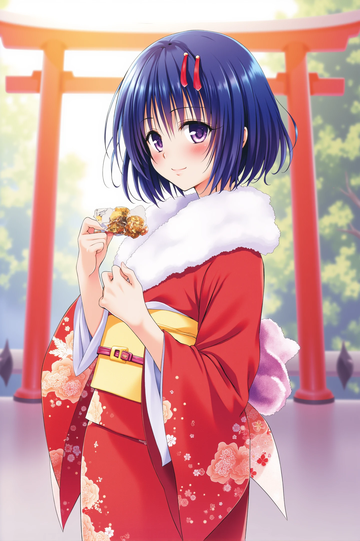 1girl,haruna sairenji,solo,japanese clothes,smile,hair ornament,kimono,blush,sash,obi,looking at viewer,omikuji,purple eyes,short hair,hairclip,holding,blue hair,torii,outdoors,red kimono,floral print,day,closed mouth,long sleeves,wide sleeves,upper body,paper,sunlight,print kimono,bangs,nose blush,fur collar,blurry,forehead,hair between eyes,pom pom (clothes),
<lora:Yabuki Kentarou_FLUX:1>,