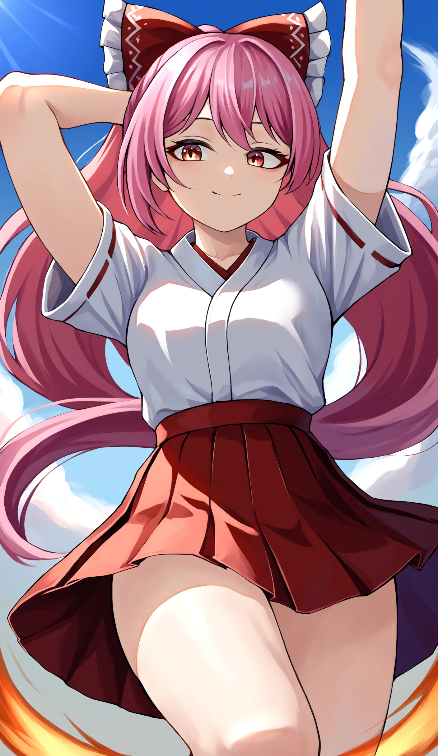 ((Best quality)), ((Masterpiece)), (Detailed), Perfect face, Red eyes, red long hair, male, Blue and red clothes, Cowboy shot, Chigiri Hyoma, soccer ball, Sports uniform, Red Tiger Plushie, Red halo, (Detailed, sharp details:1.3),(Masterpiece:1.3), 1 boy, Innocent expression, Skin texture, cute, (Masterpiece, Best quality, High quality, High accuracy, ultra-Detailedة:1.1), male Single, Masterpiece, Anime, Masterpiece, Full body, in the fresh air, Masterpiece, Best quality, ultra-high-Detailedة, (White and supple skin), Sophisticated appearance, Well-defined linear segment of muscle, Best quality:1.2), Looking at the scenes, Glowing eyes, Single, beautiful Red eyes, Floating hearts, Heart Eyes, Stunning 4K art style, Cool eyes, Cool eye effects, Radiant lights, Sanpaku, 1 male, long hair, holding a soccer ball, Short sleeves, Great thighs and ass, Stunning 4K style, 8k, blushing, Fishnet upper thigh highs, goth outfit, Ripped socks, Torn upper thigh, pink striped thigh high socks, thigh highs, pink thigh highs, pink colored thigh highs, cute smile, hands on head, peace sign, peace sign with both hands, red skirt, blowing winds, blush,