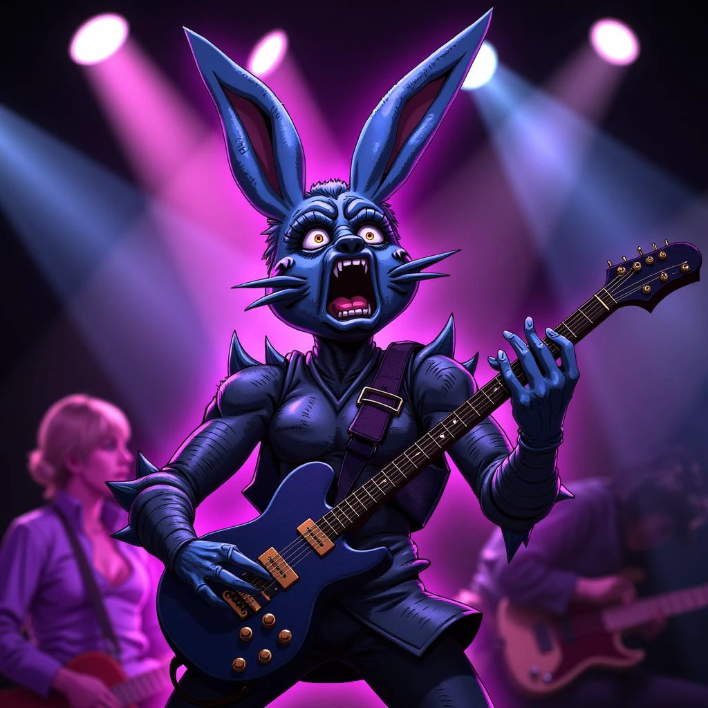 Rabbit playing the guitar, on stage, singing a song, laser lights, punk rocker JojosoStyle