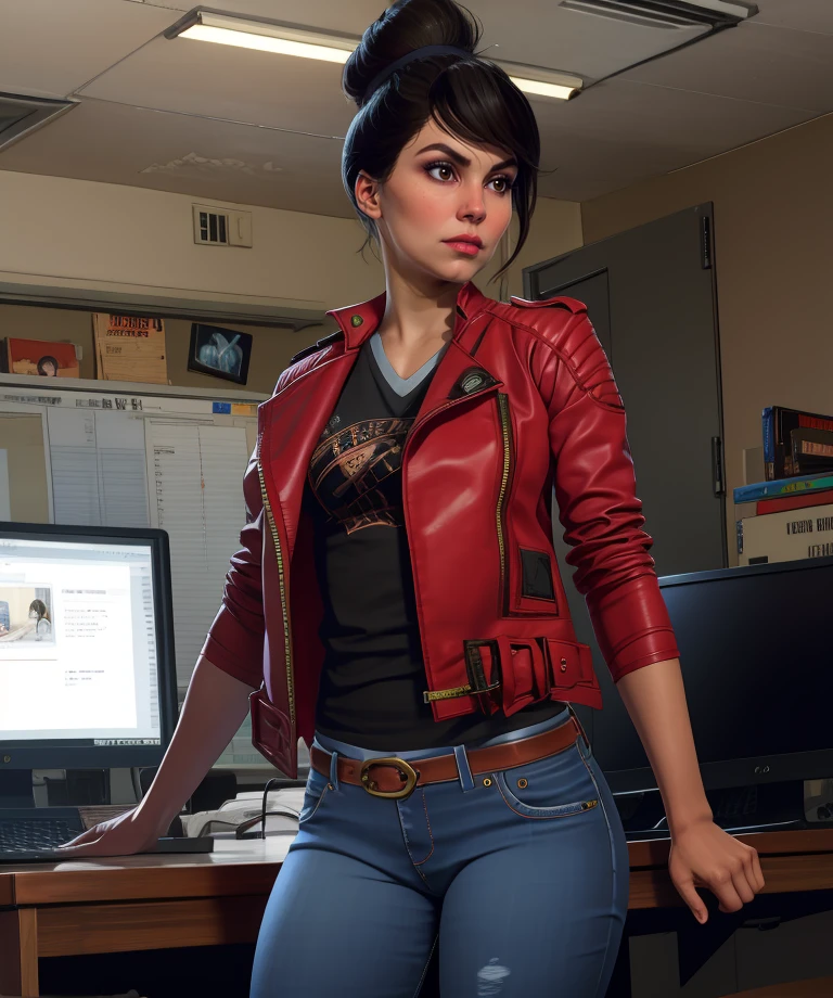 lislnessq,black hair,brown eyes,single hair bun,
red jacket,black shirt,jeans,serious,
indoors,newsroom,
(insanely detailed, masterpiece, best quality) solo,<lora:LoisLaneSSQ:0.8>,