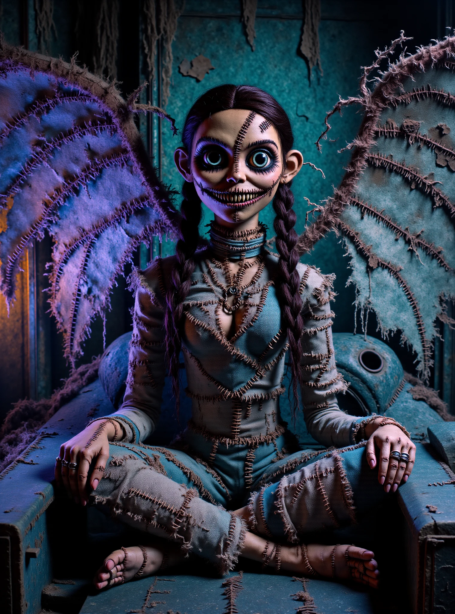 female artificial intelligence specialist,  young adult, slinky, polynesian, violet eyes,  deviated septum nose,   asymmetrical cheeks,  diamond face shape with angular cheeks, long legs,   scars, dark brown cornrows hair, contempt,  sitting cross-legged, attuning to the vastness of the universe.,  nanotech wings- fluid, morphing wings composed of nanobots, reshaping for optimal aerodynamics and camouflage. wearing  electroluminescent palazzo pants,  levitating wrap cardigan,      thermal-regulating mask , sitting in a cockpit with hands on controls, focused on the mission.