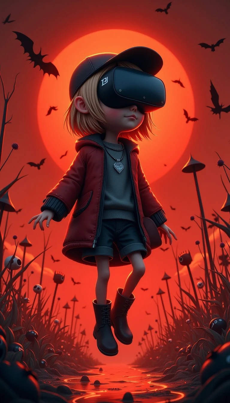 <lora:CozySpookyStyleFlux:1>CozySpookyStyle atmospheric dark and charming. (dark brown color themed:0.5). 360-Degree photography, Native American, old, man, Medium hair, Balayage hair, Buzz cut, Strawberry Blonde hair, Cap, Upturned eyes shape, Hazel eyes, virtual reality glasses, Round lips, Brown lips, Diamond face, Bohemian makeup, Pensive, Petite body, Jumping, Laughing candidly, Smart Casual dress, Natural light, Bloom, Afternoon, Partly cloudy, Deep red background, Sunset background, Fujifilm X-T4, Cowboy shot, Upside-down angle. Digital illustration.