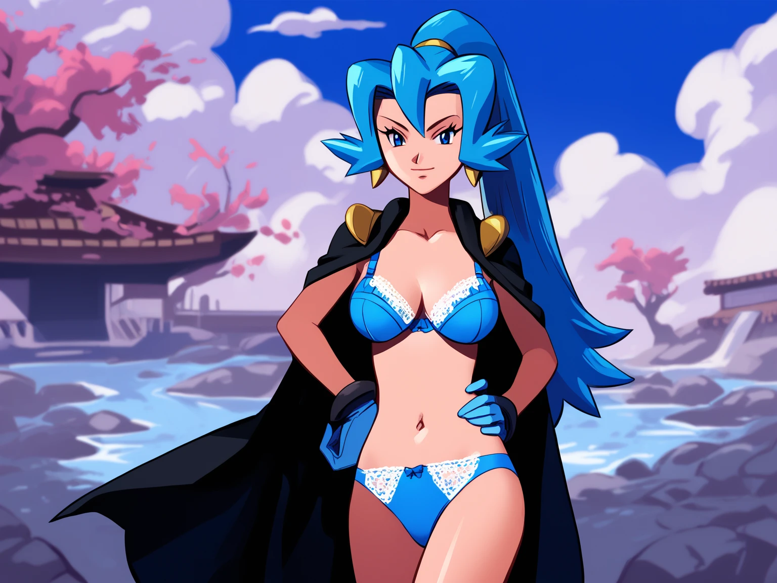 Score_9, score_8_up, score_7_up, score_6_up, BREAK
outdoors, east asian architecture, cloudy sky
<lora:ClairPokemonPDXL:0.8> zzClair, solo, 1girl, long hair, blue hair, blue eyes, ponytail, gloves, black cape, standing, hand on own hip, looking at viewer <lora:enessef-uu_Style:0.9> enessef-uu style, lace trim, bra, panties