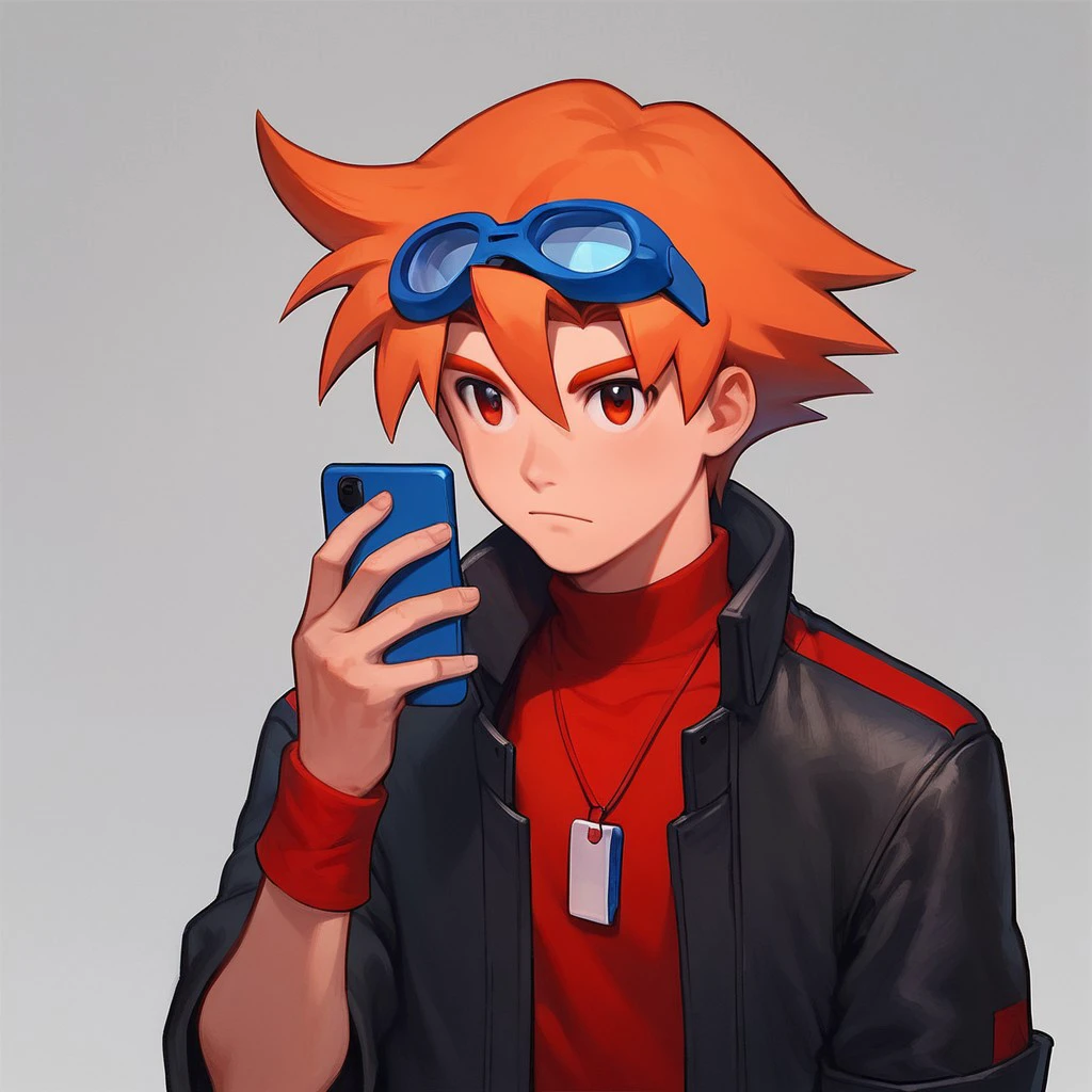 Koh, Digimon, male, boy, orange hair, red eyes, medium hair, spiky hair, blue goggles, red armband, closed mouth, perfect, perfection, solo, flawless, red armscarf, black jacket, red shirt, blue shorts, blue socks, red sneakers, pendant, digivice, phone, detailed faced, detailed eyes, detailed, good art, best quality, highest, quality, good anatomy, perfect anatomy, masterpiece, beautiful, insanely detailed, anime, well-drawn, BREAK, score_9, score_8_up, score_7_up, score_6_up