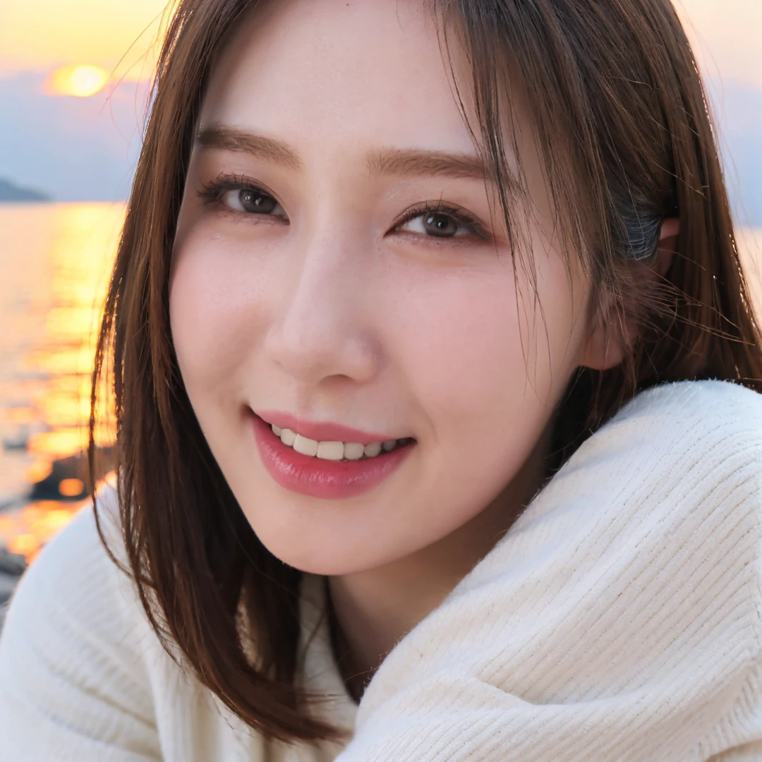 1girl,solo,brown hair,brown eyes,smile,sweater,looking at viewer,sunset,ocean,close-up,((realistic)),Highly detailed,(ultra-detailed),(best quality,masterpiece:1.5),<lora:AV-ä½ä½æ¨æå¸:0.6>,<lora:ç»èè°æ´2.0:0>