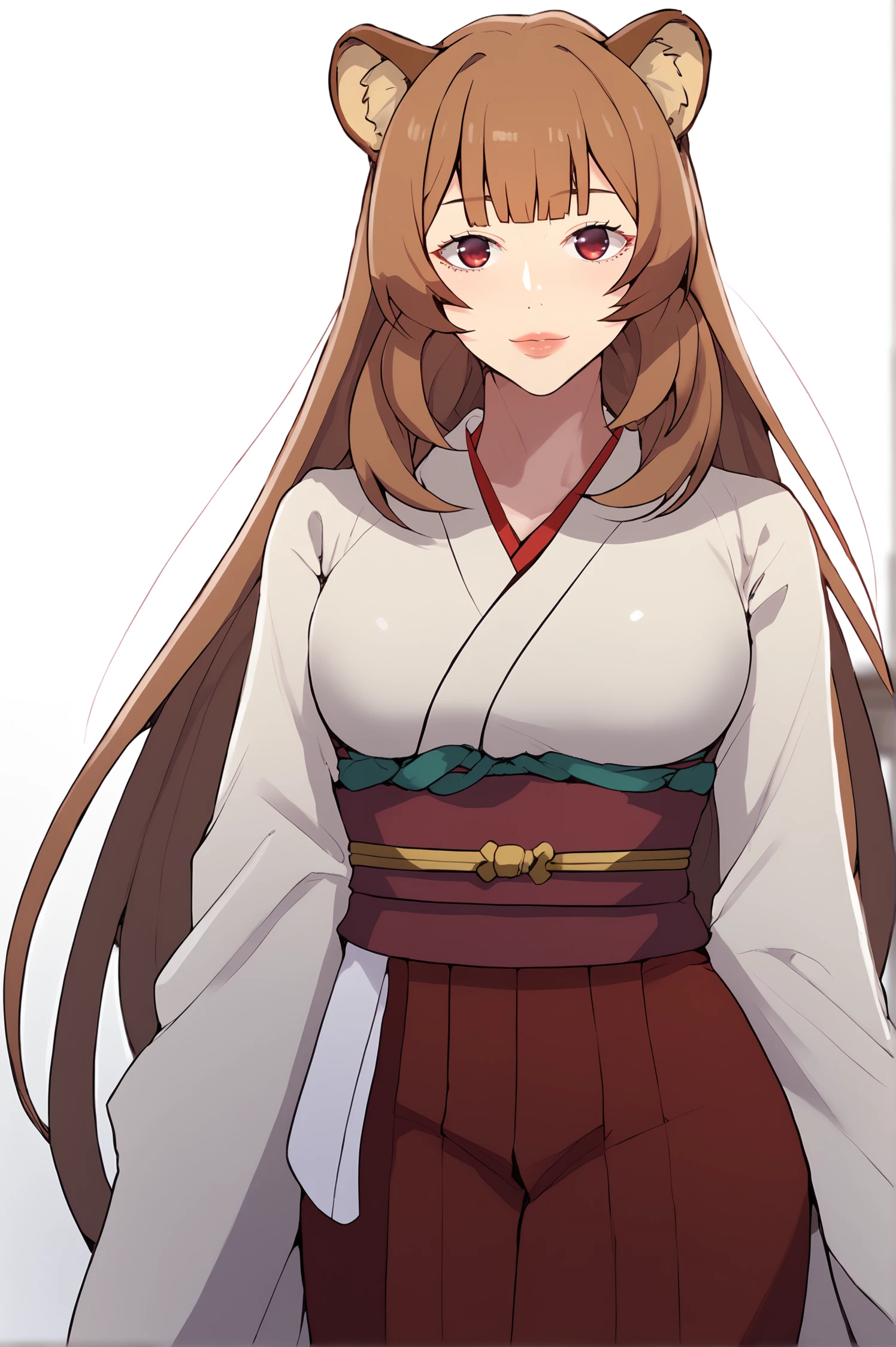 <lora:XL_STYLE_SC:1> scdef, raphtalia, brown hair, red eyes, long hair, animal ears, 
simple background, white background, 1girl, japanese clothes, solo, looking at viewer, kimono, breasts, white kimono, long sleeves, red hakama, wide sleeves, red sash, score_9,score_8_up,score_7_up, detailed face, source_anime