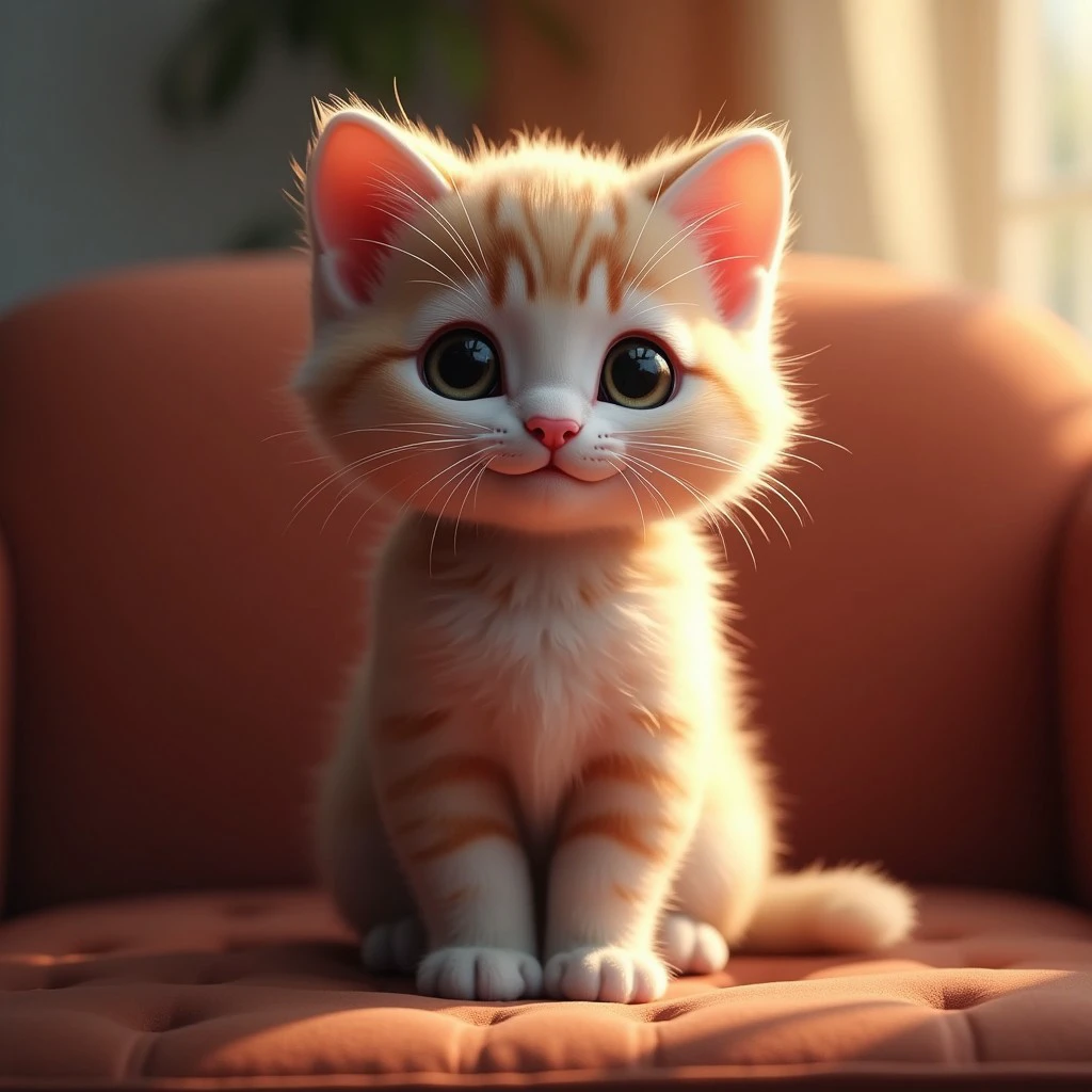 a chibi kitten sitting on a couch, super hyper realistic, cinematic volumetric lighting, shot with Sony Fx6