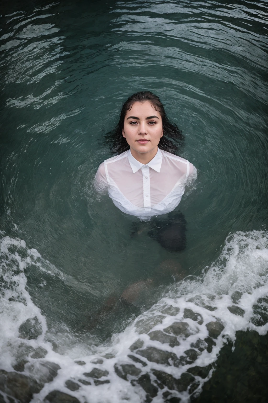 upper body shot of a soaked woman, wearing wet white collared shirt, long sleeves, wading through water, in a river, partially submerged, wet hair, bra visible through shirt, photographed on a Fujifilm XT3, 80mm F/1.7 prime lens, cinematic film still, cinestill 500T, highly detailed, masterpiece, highest quality, intricately detailed, HDR, 8k, uhd, photorealistic, <lora:wetgirl_SD1.5:0.7>