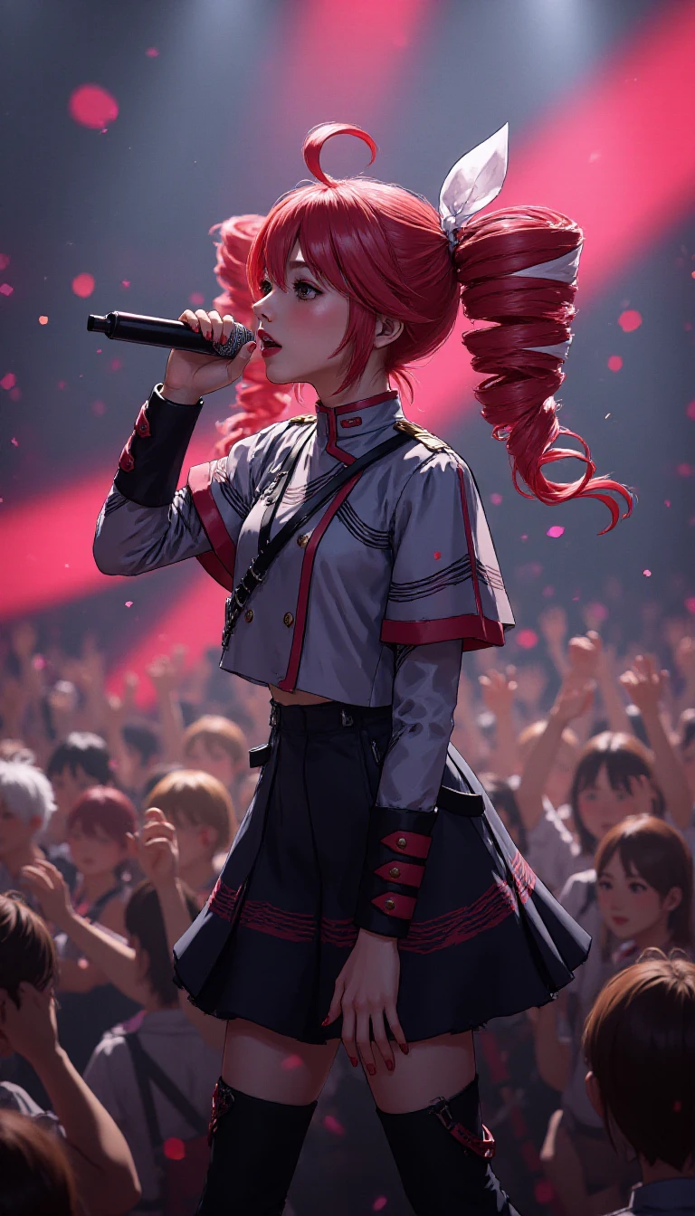 Kasane Teto, twin drill hair,  open mouth, singing on a concert full of audiences <lora:Kasane_Teto:1>