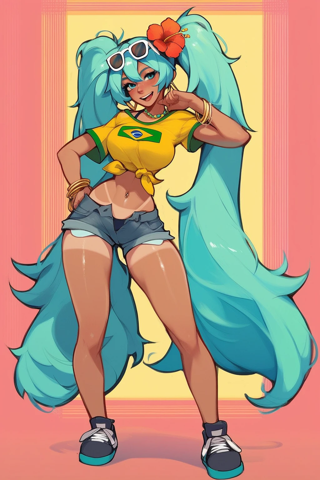 score_9, score_8_up, score_7_up, score_6_up, score_5_up, score_4_up, masterpiece, high quality, BREAK, full body, BREAK, 1girl,  <lora:Brazilian Miku:0.8> aqua hair, sunglasses on head, flower in hair, yellow shirt, brazil flag on shirt, denim shorts, booty shorts, tanned, 1girl, hatsune miku,