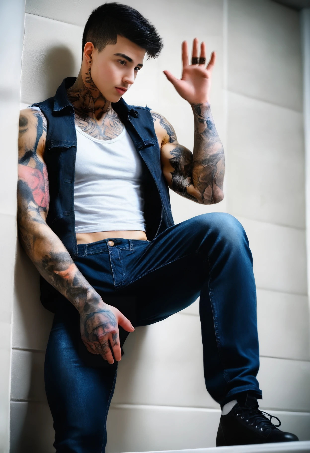 UHD, 8K, ultra detailed, highly realistic photo of , (high resolution 8K photo quality:1.3),  1boy,  solo,  male focus,  jakipz wearing vest leaning against a wall with one leg up, pectorals, abs, tattoos,  <lora:jakipz:1>