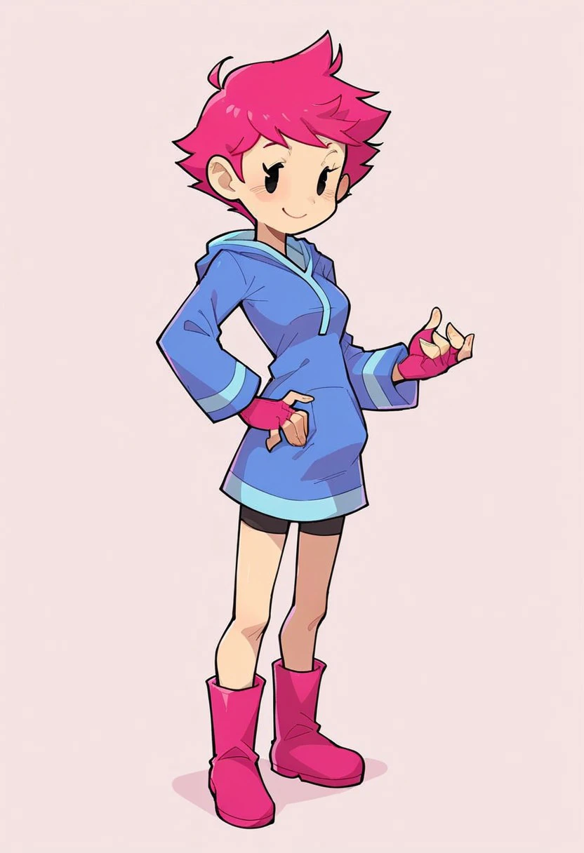 score_9, score_8_up, score_7_up, tall female, aged up, 1girl, solo, kum4tor4, dot eyes, pink hair, short hair, medium breasts, blue dress, hoodie, hood, long sleeves, bike shorts, pink boots, looking at viewer, smile, fingerless gloves, standing, simple background, border