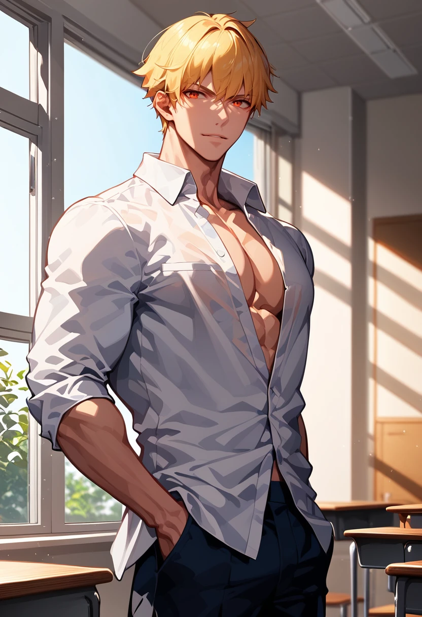 score_9,score_8_up,score_7_up,1boy,solo,yaoi,bara,male focus,fairly nsfw,uncersored,highres,best quality,amazing quality,best aesthetic,absurdres,<lora:add-detail-xl:1>,<lora:gilgamesh:1>,gilgamesh,bangs,school uniform, hands in pockets, white shirt,classroom, window, cowboy shot, looking at viewer,