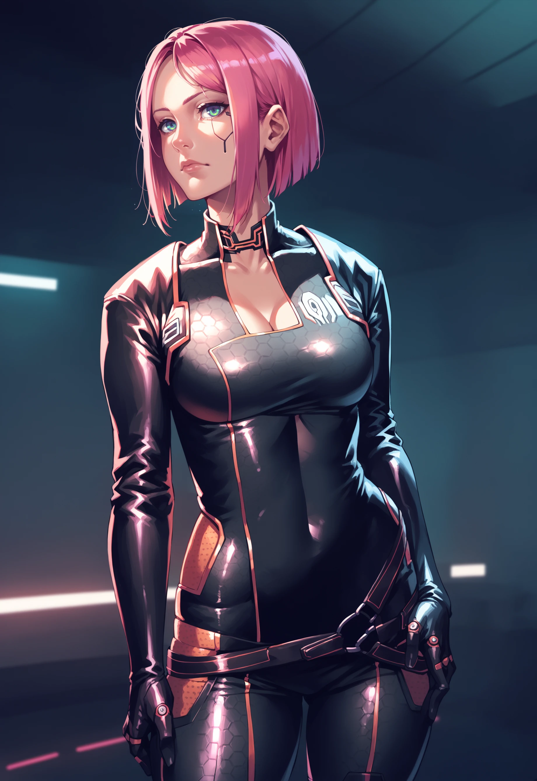 score_9, score_8_up, score_7_up, score_6_up, 1girl, long puffy pink hair, cyborg, wearing 1awsonsu1t, breasts,black bodysuit ,solo,tight, cleavage , detailed face and eyes, scifi,sakura, cyberpunk, <lora:Miranda_Lawson_Bodysuit:1.0>