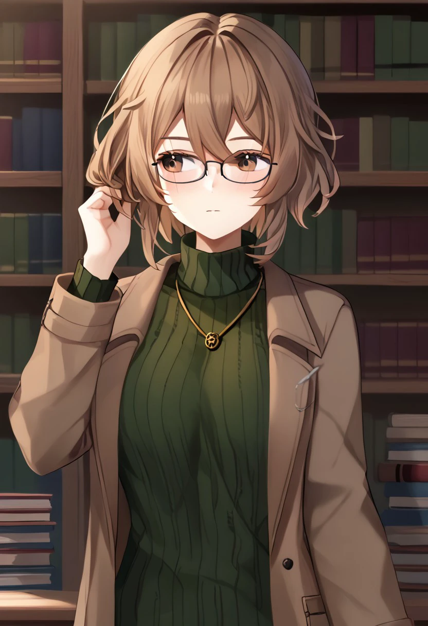 1girl, solo, highres, ClioAite, brown eyes, glasses, short hair, bangs, hair between eyes, black-framed eyewear, jewelry, necklace,
long sleeves, turtleneck sweater, green sweater, ribbed sweater, brown coat, open clothes, open coat,
((looking away, blush, adjusting hair,))
indoor, library, bookshelf,