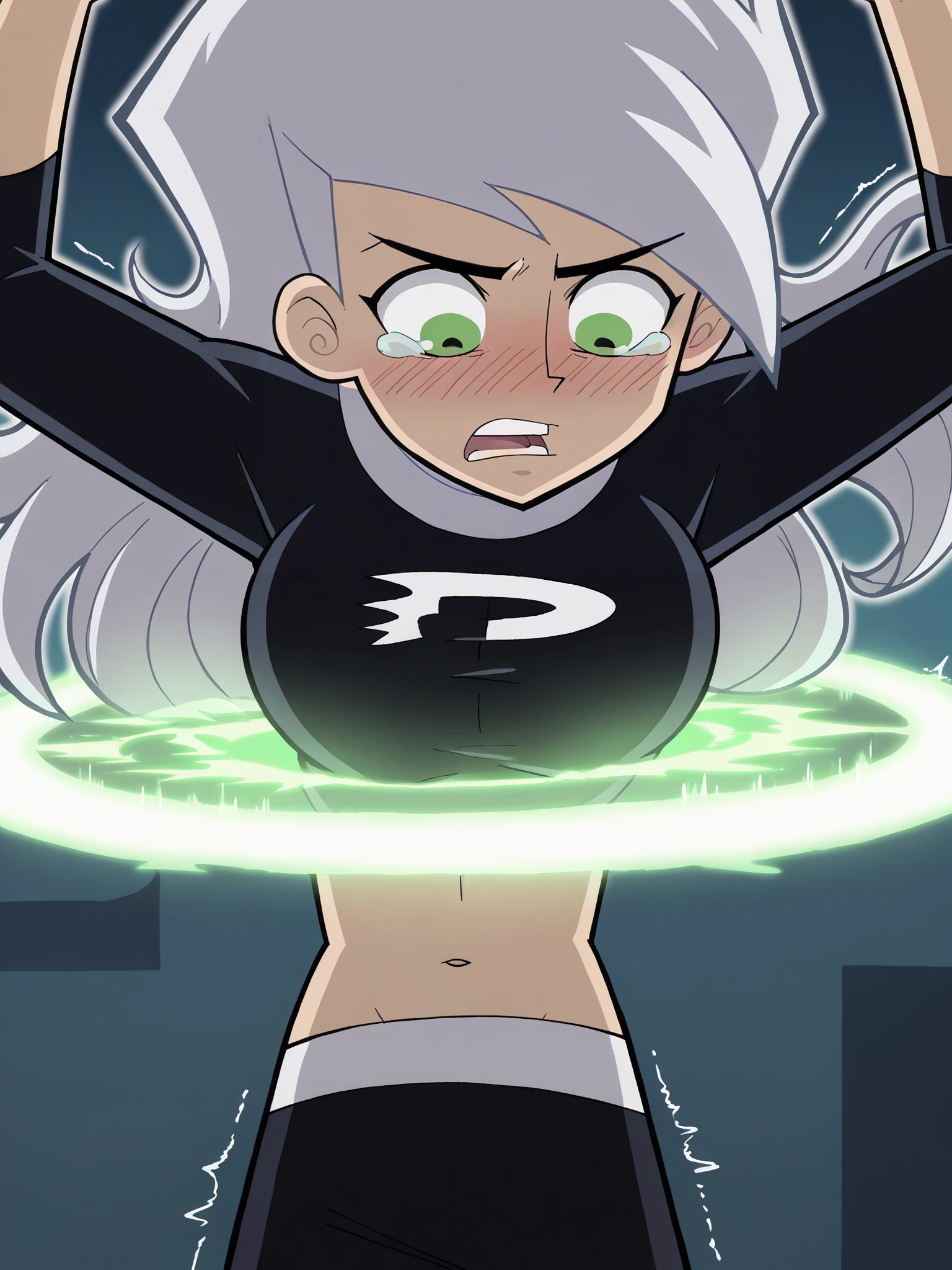 score_9, score_8_up, score_7_up, score_6_up, score_5_up, source_anime, smooth_anime,
Danny_Phantom, white_hair, long_hair, green_eyes,
portal_tg, solo, 1girl, breasts, large_breasts, looking down, trembling, scared, blush, tearing_up, genderswap, genderswap\(mtf\), navel, shirt, 1boy, (bouncing_breasts),
<lora:Portal_TG:.75>   <lora:Danny_Phantom_SDXL:1> <lora:Danny_Phantom_(Style):.5> <lora:Fairy_Tail:.5>