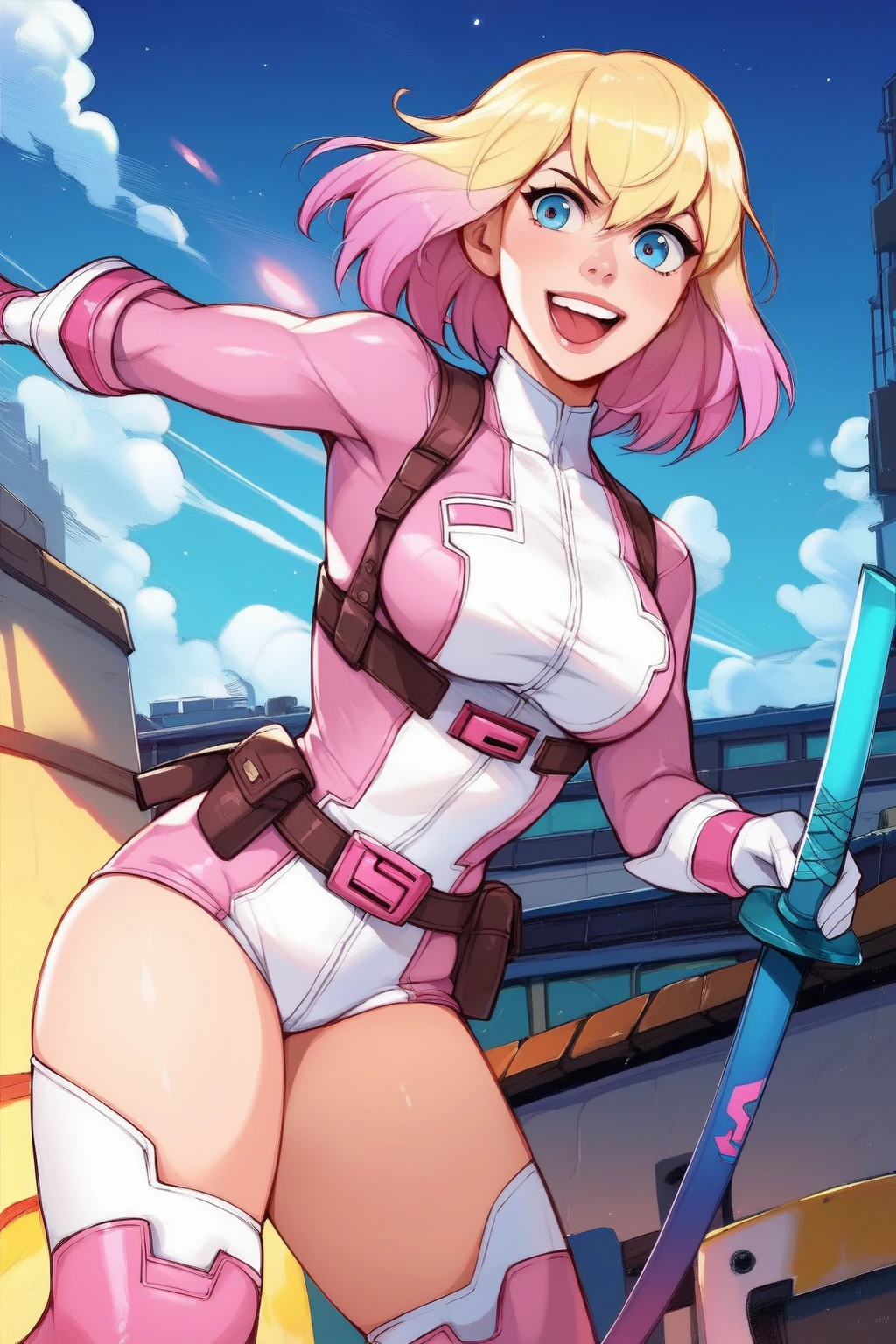 score_9, score_8_up, score_7_up, score_6_up, score_5_up, score_4_up, masterpiece, high quality, BREAK, full body, BREAK, 1girl,   <lora:GwenpoolV2:0.9> Gwenpool, multicolored hair, gradient hair, pink and white leotard, utility belt, katana, white mask, pink mask lenses, Superhero mask, white with pink eye patches,