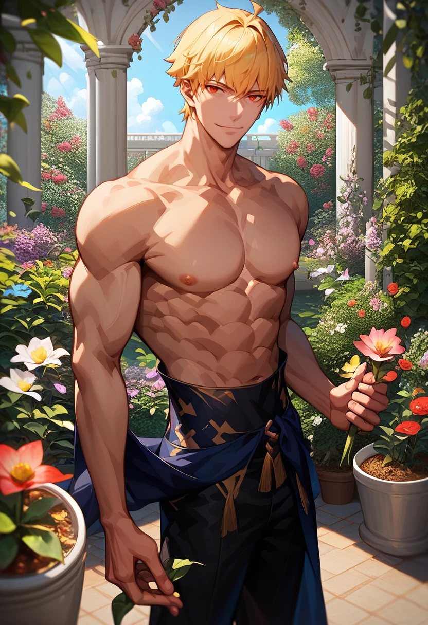 score_9,score_8_up,score_7_up,1boy,solo,yaoi,bara,male focus,fairly nsfw,uncersored,highres,best quality,amazing quality,best aesthetic,absurdres,<lora:add-detail-xl:1>,<lora:gilgamesh:1>,gilgamesh,bangs,topless male,garden,holding flower,smile,looking at viewer,expressionless,