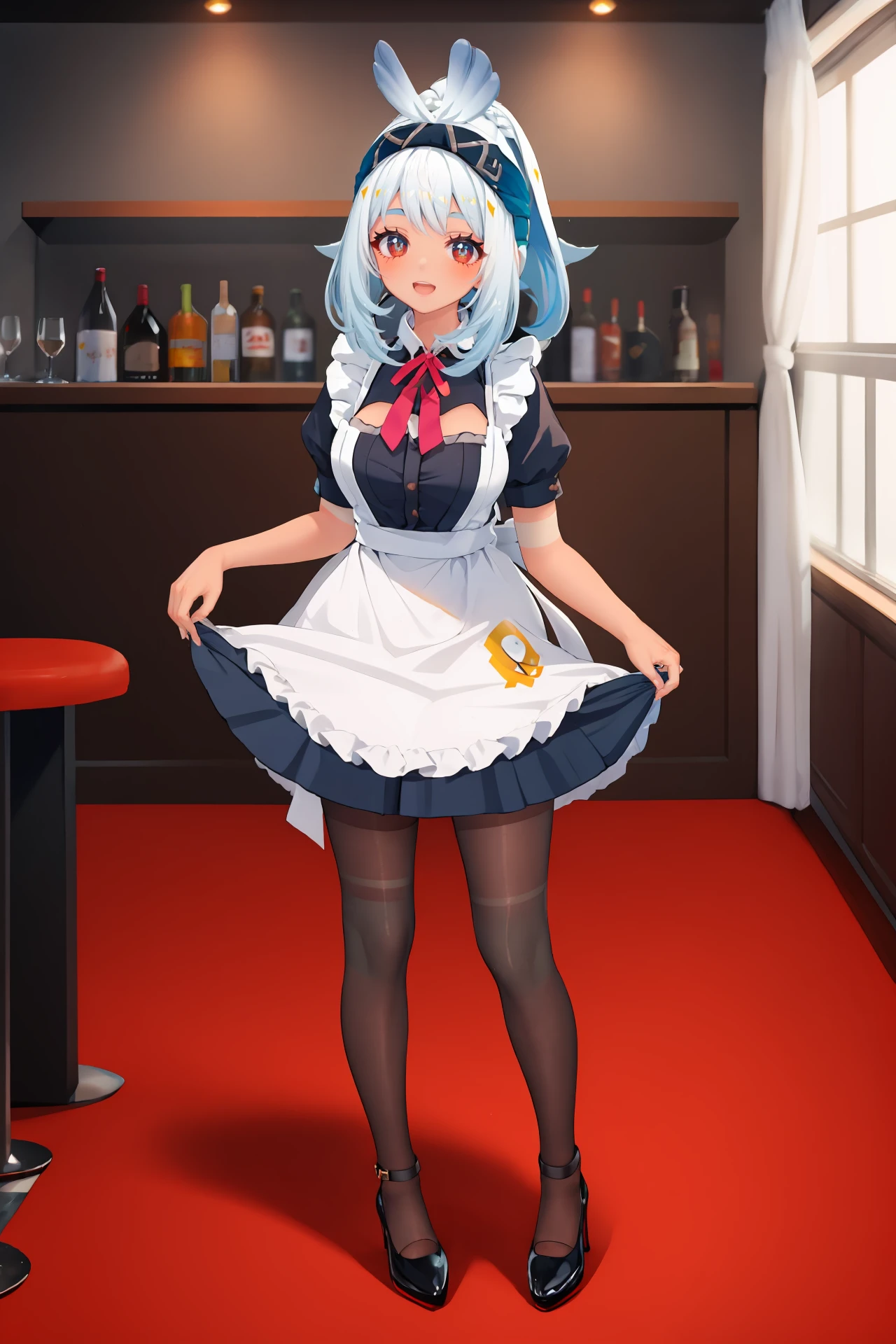 1girl, mualani \(genshin impact\), maid, bow hairband, body paint, maid apron, white pantyhose, high heels, full body, open mouth, smile, looking at viewer, (skirt hold, curtsey: 1.2), bar \(place\), indoors, depth of field