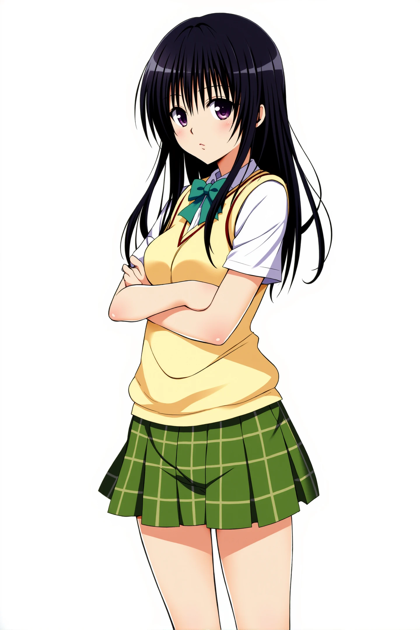 Yabuki Kentarou Style,1girl,kotegawa yui,solo,long hair,school uniform,black hair,standing, green plaid skirt,sweater vest, green bow, crossed arms,white background,looking at viewer,
<lora:Yabuki Kentarou_FLUX:1.0>,