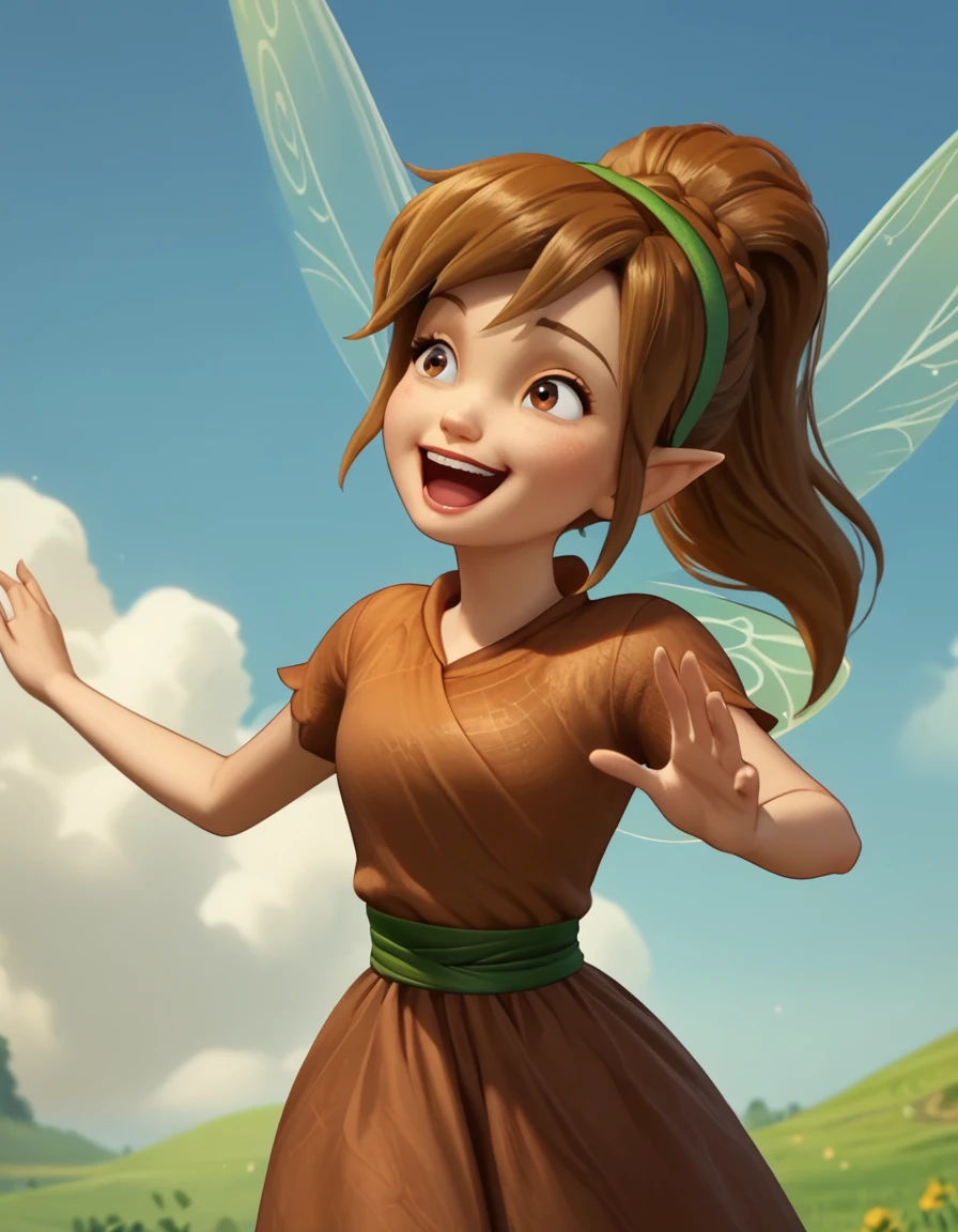 score_9, score_8_up, score_7_up, score_6_up, score_5_up, score_4_up, source_anime  <lora:DisneyTinkerbell:1>, happy, flying, blue sky, clouds Fawn, fairy, pointy ears, ponytail, long hair, brown hair, brown eyes, brown dress, braid, hairband,