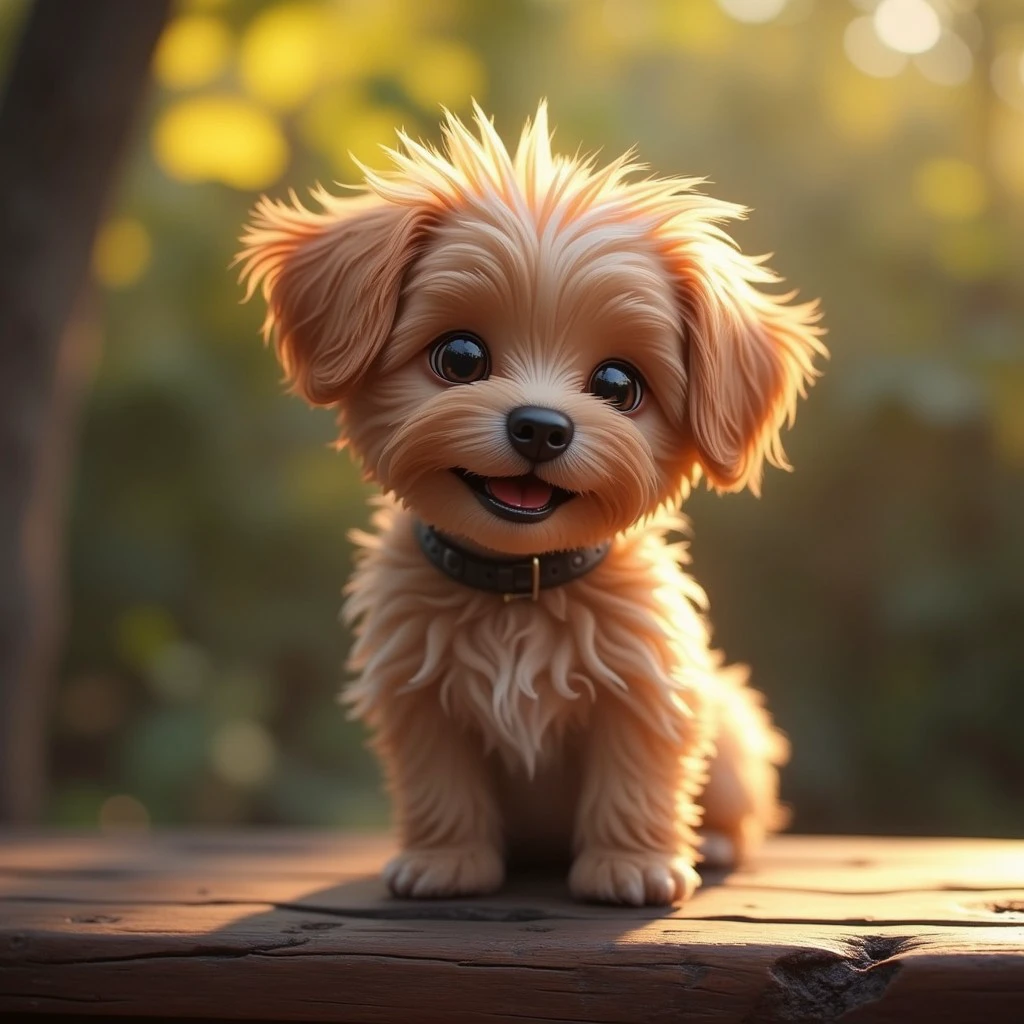 a chibi doggy sitting on wooden bench, super hyper realistic, cinematic volumetric lighting, shot with Sony Fx6