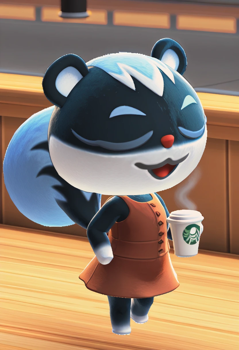 <lora:Tasha_AnimalCrossing-05:1> score_9, score_8_up, score_7_up, source_furry BREAK, tasha_animalcrossing, furry female, squirrel girl, standing, closed eyes, smile, open mouth, red dress, cafe, holding coffee cup, 3d