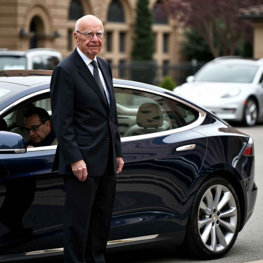 RupertMurdoch, a an old man in a suite. he is standing next to a Telsa car. 