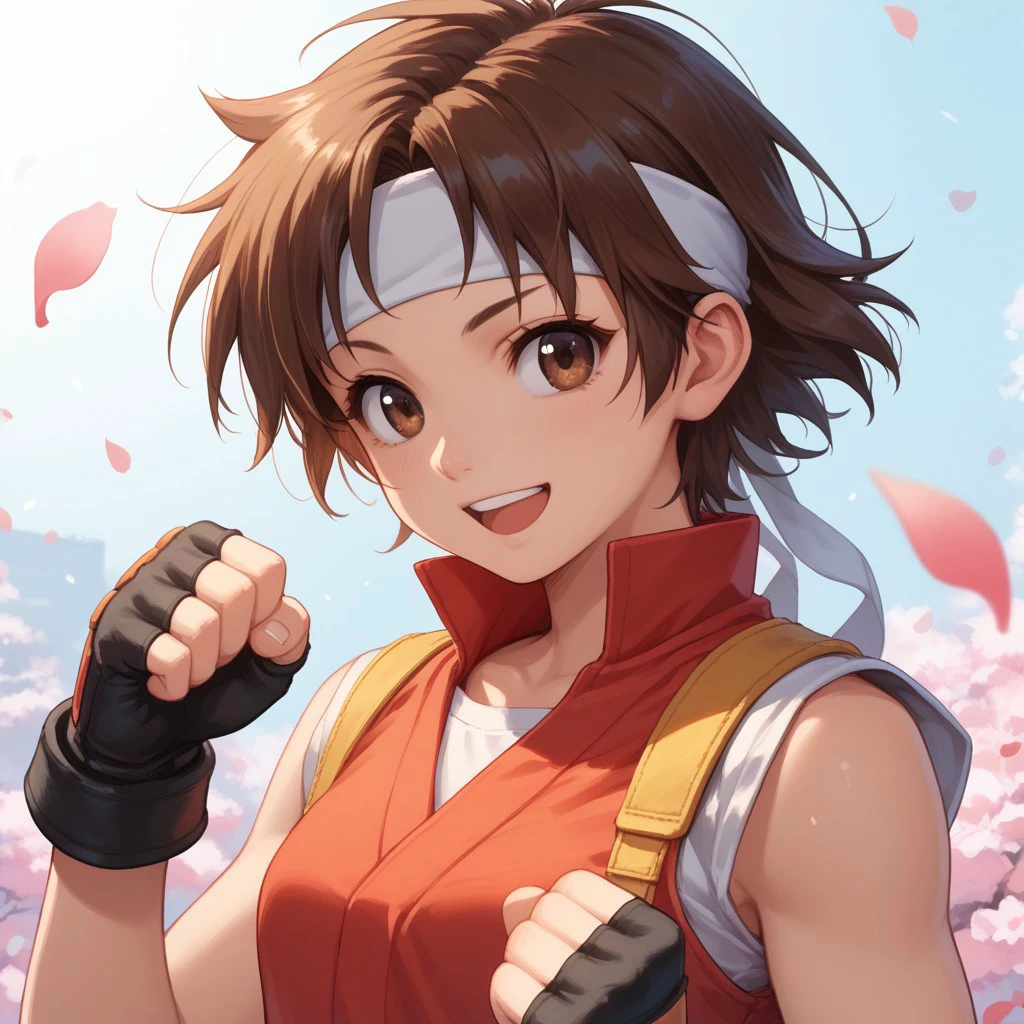 score_9, score_8_up, score_7_up, score_6_up, solo, brown hair, kasugano_sakura, 1girl, gloves, headband, brown eyes, fingerless gloves, short hair, smile, open mouth, petals, dougi, upper body, clenched hands, sleeveless, :d