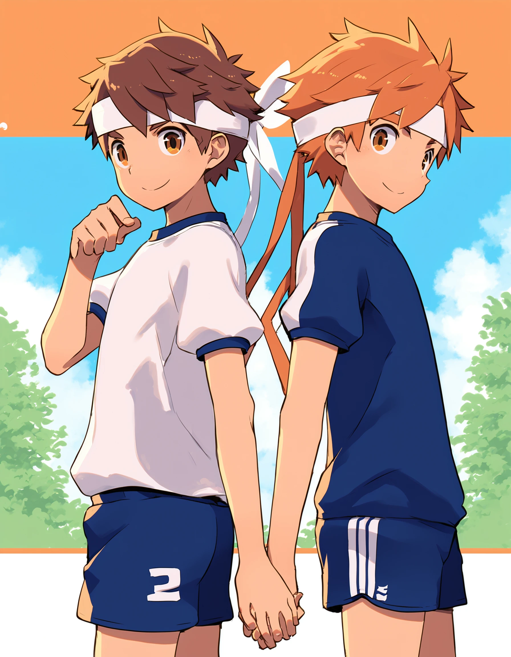 score_7, score_7_up, score_6_up, source_anime, outdoors, from side, 2boys, orange hair, orange eyes, brown hair, brown eyes, smile, gym uniform, gym shirt, gym shorts, ribbon headband, standing, back-to-back, holding hands, looking at viewer <lora:steelwire_AMXL_v1c-ShoAI:1> <lora:BackToBack_XLPD:1>