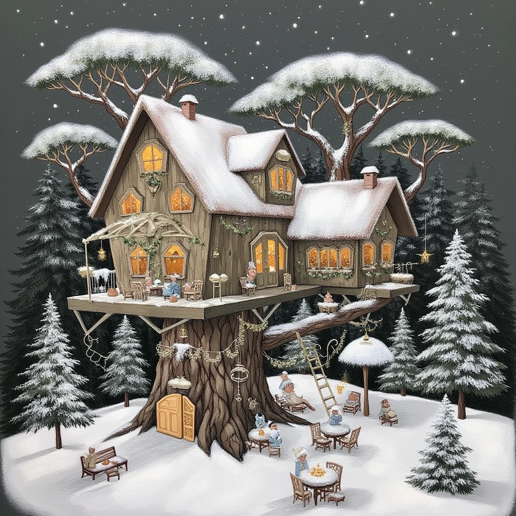 fairy tales,Best picture quality, masterpiece, high definition, 4K,This is a painting of a tree house. The tree house is very large and has a lot of windows on it. The roof of the house is covered with snow. There are many trees surrounding the house. All of the trees have snow on them. There is snow on the ground around the trees. The sky above the trees is dark gray.