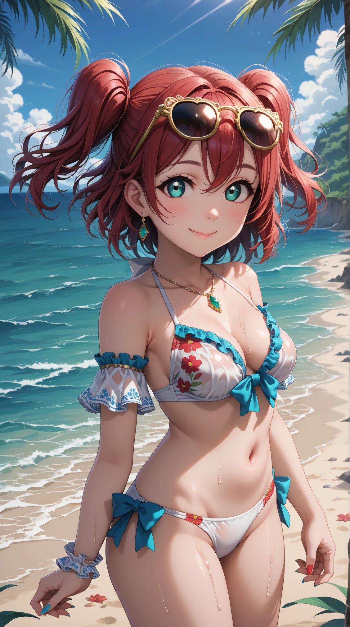 score_9, score_8_up, score_7_up, solo, 1girl, kurosawaruby, red hair, two side up, aqua eyes, looking at viewer, medium breasts
pale skin, white bikini, smile, thighs, floral print, beach, ocean, collarbone
wet clothes, sunglasses on head, eyewear on head, jewels, standing, closed mouth, arm support, short sleeves, detached sleeves, frilled sleeves, nail polish, multicolored nails, bare shoulders,
 <lora:rubypony-04:1>