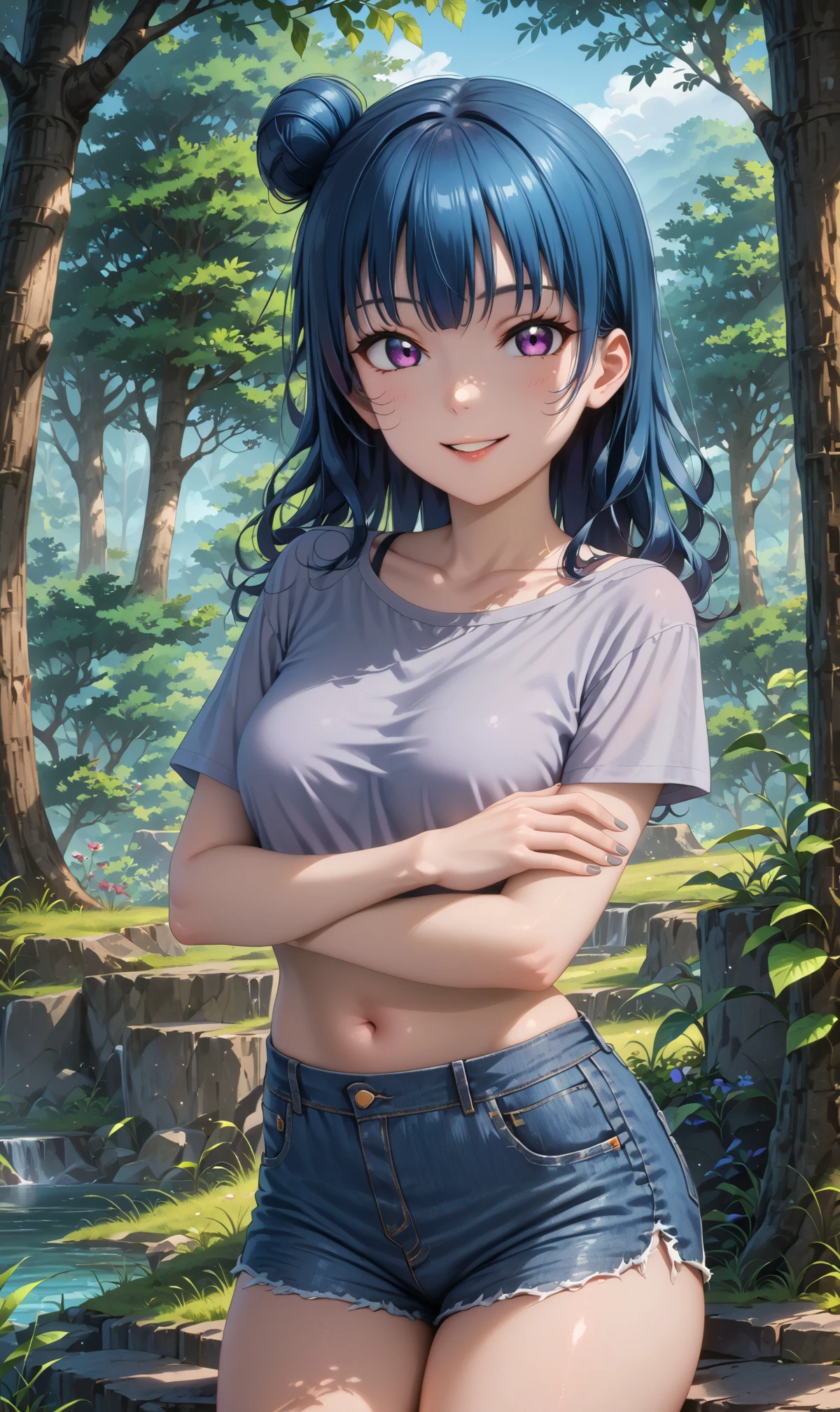 score_9, score_8_up, score_7_up, solo, 1girl, tsushimayoshiko, long hair, blue hair, purple eyes, side hair bun, looking at viewer, medium breasts,
grey shirt, crop top, short sleeves, smile, denim shorts, parted lips, collarbone, midriff,
(thighs:1.5), feet out of frame, outdoors, greenery, (crossed arms:1.1), nail polish, grey nails,
<lora:yoshiko-04pony:1>