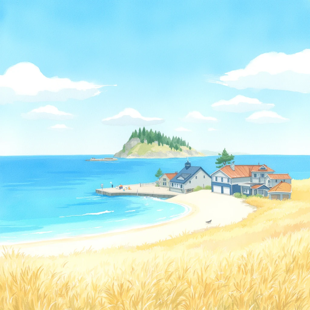 Watercolor,hand drawn,Best picture quality, masterpiece, high definition, 4K, The sky is blue with white clouds. The water is blue and white. There is a small island in the middle of the water. The island has trees on it. The trees are green and brown. There are houses on the beach. The houses are painted blue and gray. The grass in the painting is dry and yellow.