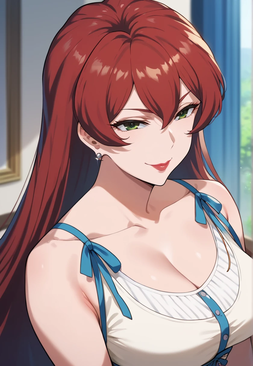 <lora:AkiraHiiragi-06:1> akirahiiragi, long hair, red hair, green eyes, large breasts, makeup, lipstick, earrings, jewelry,  smile, cleavage sleeveless dress, sundress, white dress, 16k, masterpiece, absurdes, highly detailed, highres, high quality, best quality, score_9, score_8_up, score_7_up, score_6_up