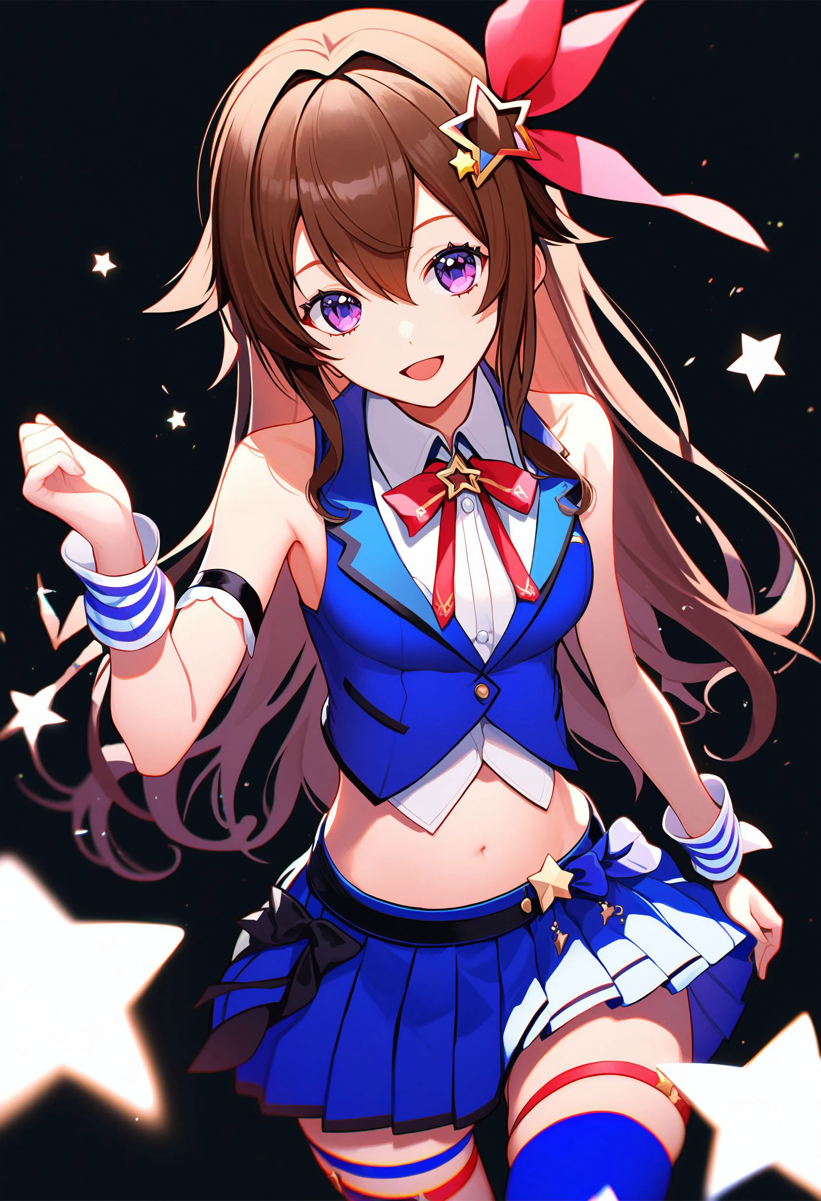 tokino sora, 1girl, virtual youtuber, long hair, brown hair, star hair ornament, cropped shirt, blue vest, navel, sleeveless shirt, hair flaps, red ribbon, diamond hair ornament, white shirt, hair ribbon, blue skirt, midriff, cropped vest, pleated skirt, miniskirt, wrist cuffs, blue thighhighs, waist cape, collared shirt, bare shoulders, neck ribbon, crop top, hairclip, purple eyes, hair between eyes, thigh ribbon , solo, smile, open mouth, looking at viewer, standing, cowboy shot, straight-on, black background, simple background,
score_9, score_8_up, score_7_up, score_6_up, source anime, absurdres, masterpiece, best quality, very aesthetic
<lora:hololive_allmems_dora_v1:1>