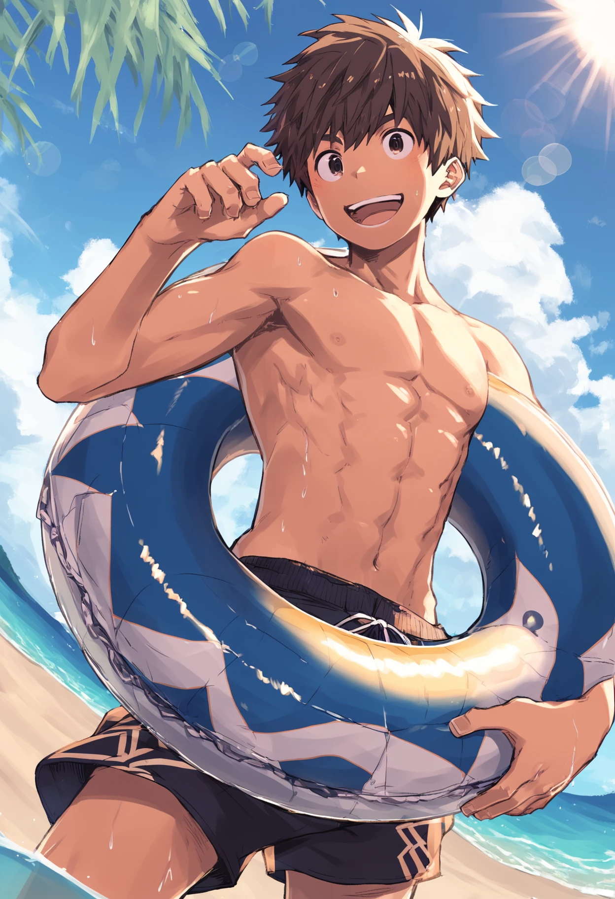 score_9, score_8_up, score_7_up, score_6_up, source_anime, outdoors, ocean, innertube, lens flare, 1boy, solo, topless, open mouth, smile, toned, swim trunks <lora:steelwire_AMXL_v1c-ShoAI:1>