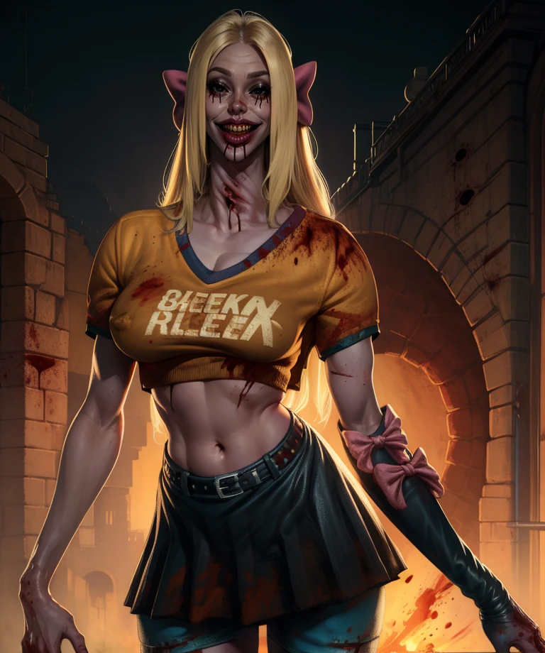 unknownpep,blonde hair,black eyes,black sclera,long hair,lipstick, 
hair bow,orange shirt,midriff,navel,smile,single elbow glove,skirt,teeth,
looking at viewer,blood,cleavage,
night,standing,
(insanely detailed, masterpiece, best quality) solo,<lora:unknownPepSD-12:0.9>,