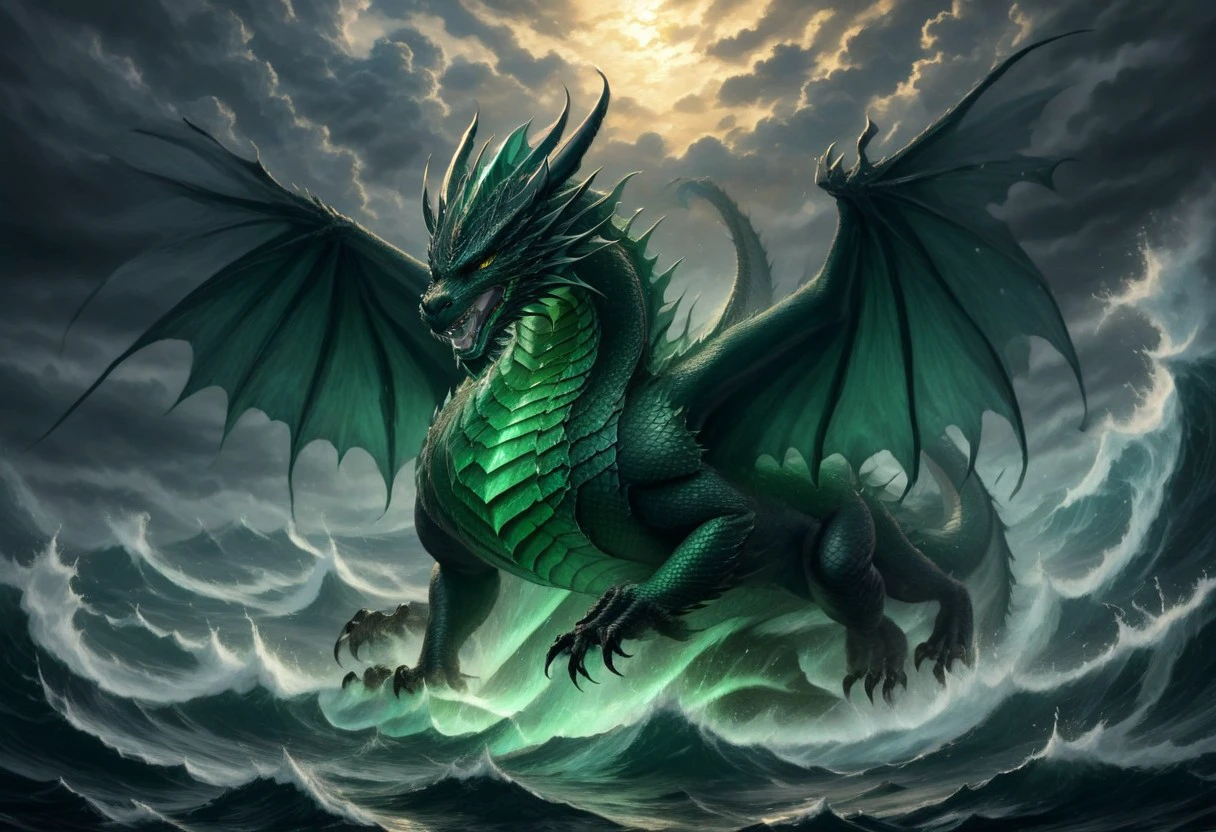 "An ancient dragon, with scales of emerald and wings of gold, soars above an endless ocean. Thunder cracks the sky and rain pours in cascades of light. The dragon looks like a lord of the elements, his gaze filled with eternal wisdom."