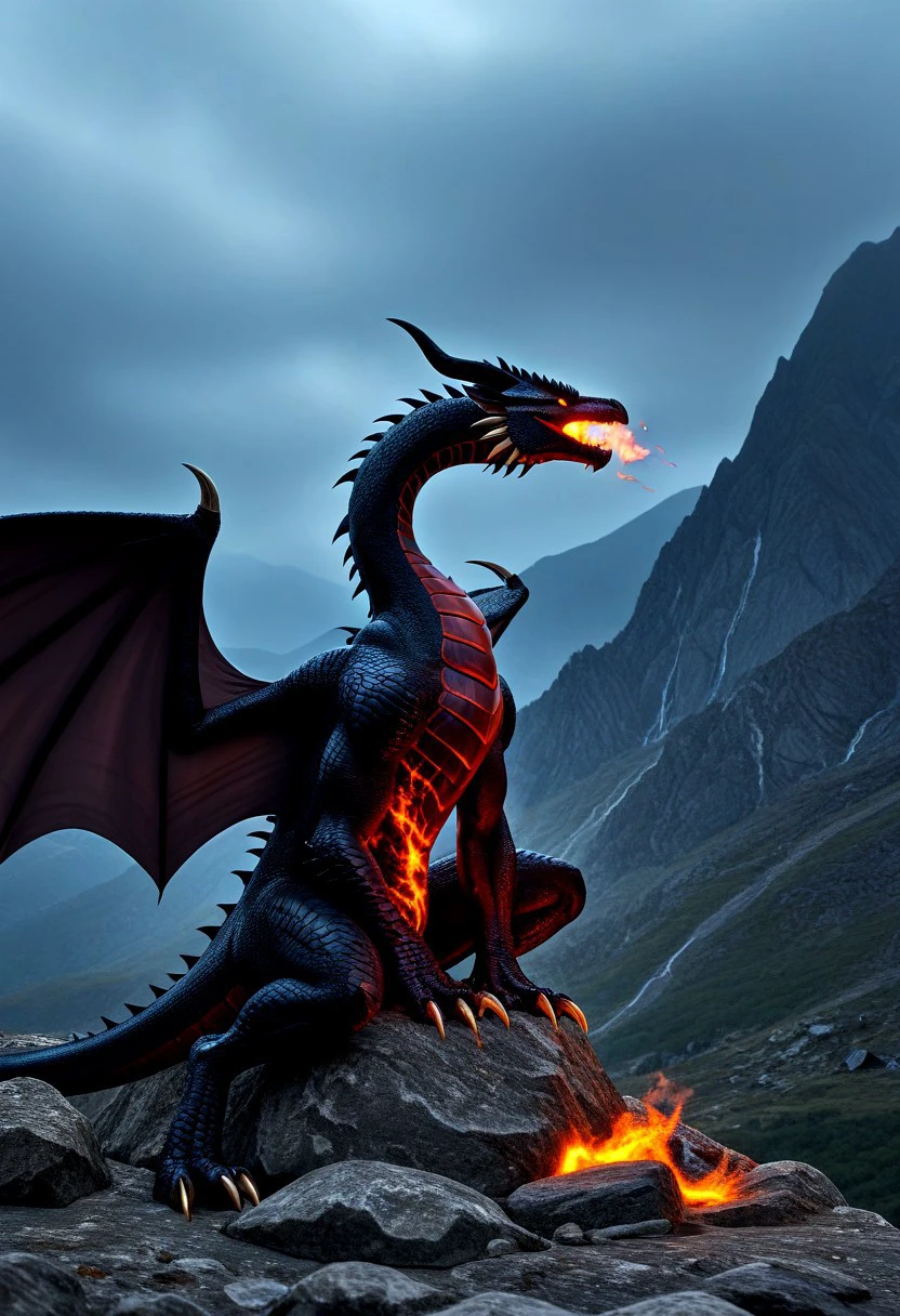 "In the heart of a raging storm, on top of a rock, sits a dragon with wings as wide as mountains. Its dark scales, like volcanic rock, are covered with cracks from which steam issues. Its eyes, like two glowing coals, are directed into the distance, filled with endless fury. His long claws are thrust into the rock. From his mouth comes a fiery breath that burns everything in its path, as if nature itself were afraid of him strength."