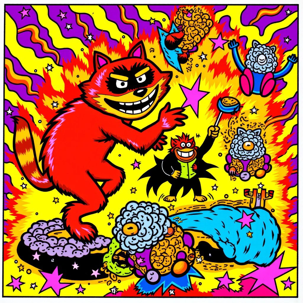 raccoon piledriver, fox, wrestling, lucha mask, stars, lightning, stripes, bright colors, kinetic, cheering animals, action, violent, sunburst, kozik, style of frank kozik, cm=omic, cartoon