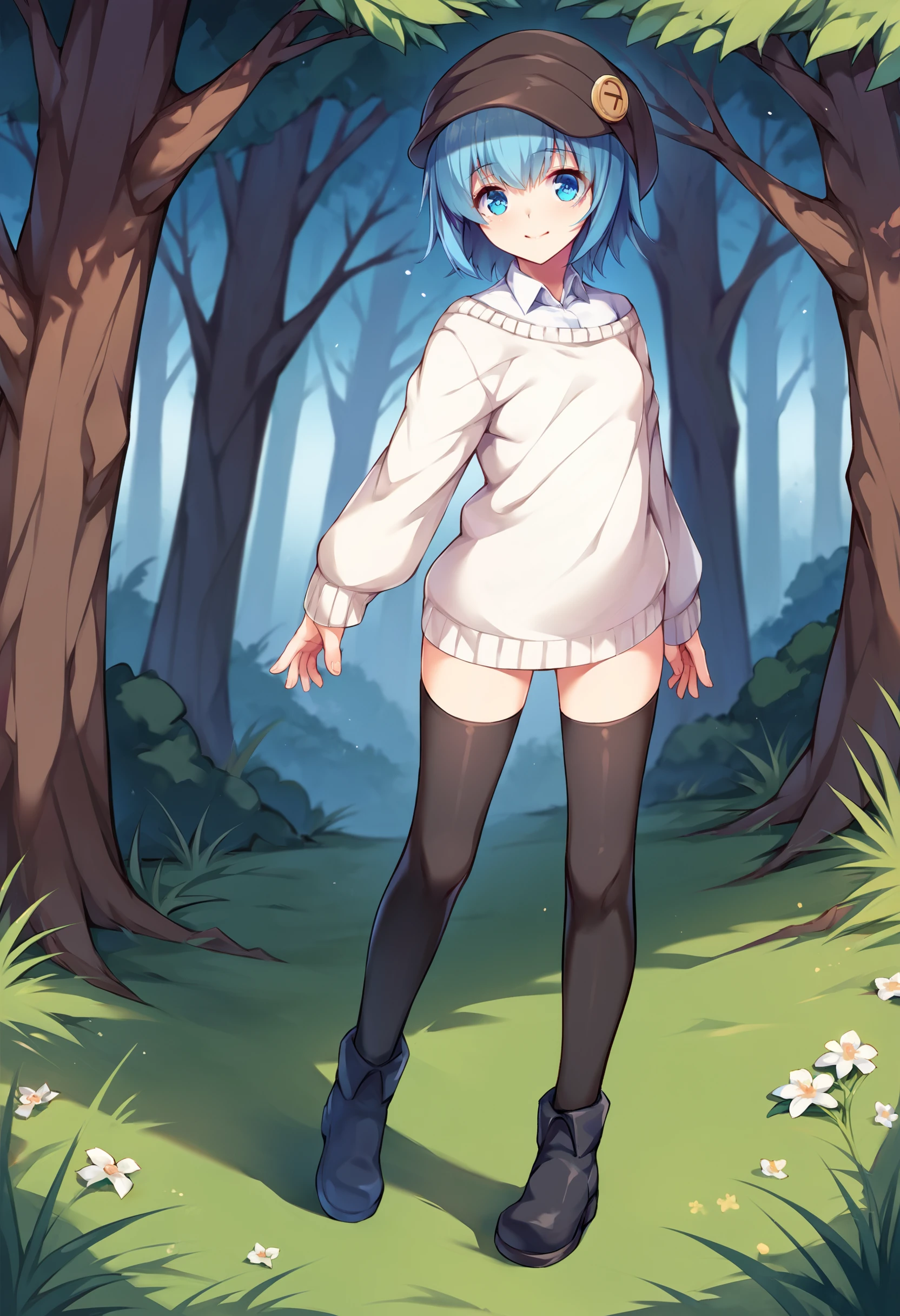 score_9, score_8_up, score_7_up, score_6_up, source_anime, 1girl, solo,
grass, tree,
BREAK
light smile, closed mouth,
ayase nao, blue hair, short hair, blue eyes, small breasts,
white sweater, cabbie hat, collared shirt, black thighhighs, black boots,
full body, standing, 
<lora:faux-ayase-nao-dora-pivotal6:0.8>