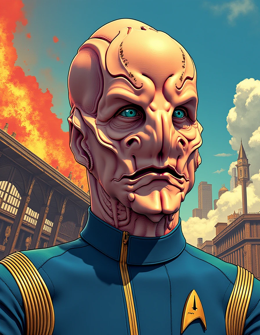 GTA-style artwork <lora:saru-flux:1.0>  bald, star trek, discovery, extra terrestrial live form, blue 22 century discovery uniform gold,  22 century discovery badge gold . satirical, exaggerated, pop art style, vibrant colors, iconic characters, action-packed