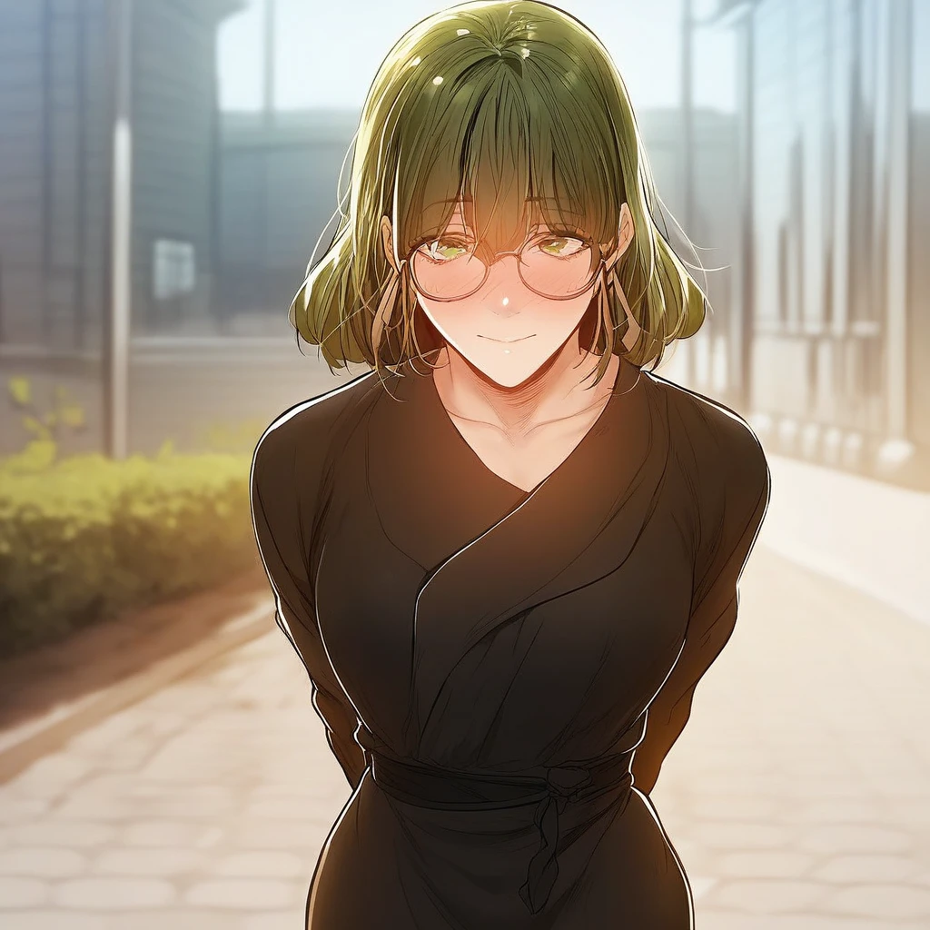 score_9, score_8_up, score_7_up, ASCII masterpiece, source_anime, BREAK, 1girl, solo, (( <lora:soo-ki:1> , soo-ki, thin waist, normal hips, beautiful skin, beautiful light green eyes, clear eyes, bright pupils, beautiful eyes, beautiful green hair, beautiful bob cut hair, bangs, huge and shaggy breasts, natural beauty, extraordinary beautiful cute woman, attractive cute woman, super sexy cute woman, lustful body, sexy cute woman with seductive obscene body, sensual body, voluptuous body, cute sexy beauty, no piercings, no piercing, glasses, )), ((sexy long sleeves black dress, black belt, brown glasses cord, )) , looking at viewer, uncensored, sexy pose, beautiful smile, outdoor, park, looking at viewer, horny, seductive, cute pose, cowboy shot, front view, embarrassed, hands behind back,