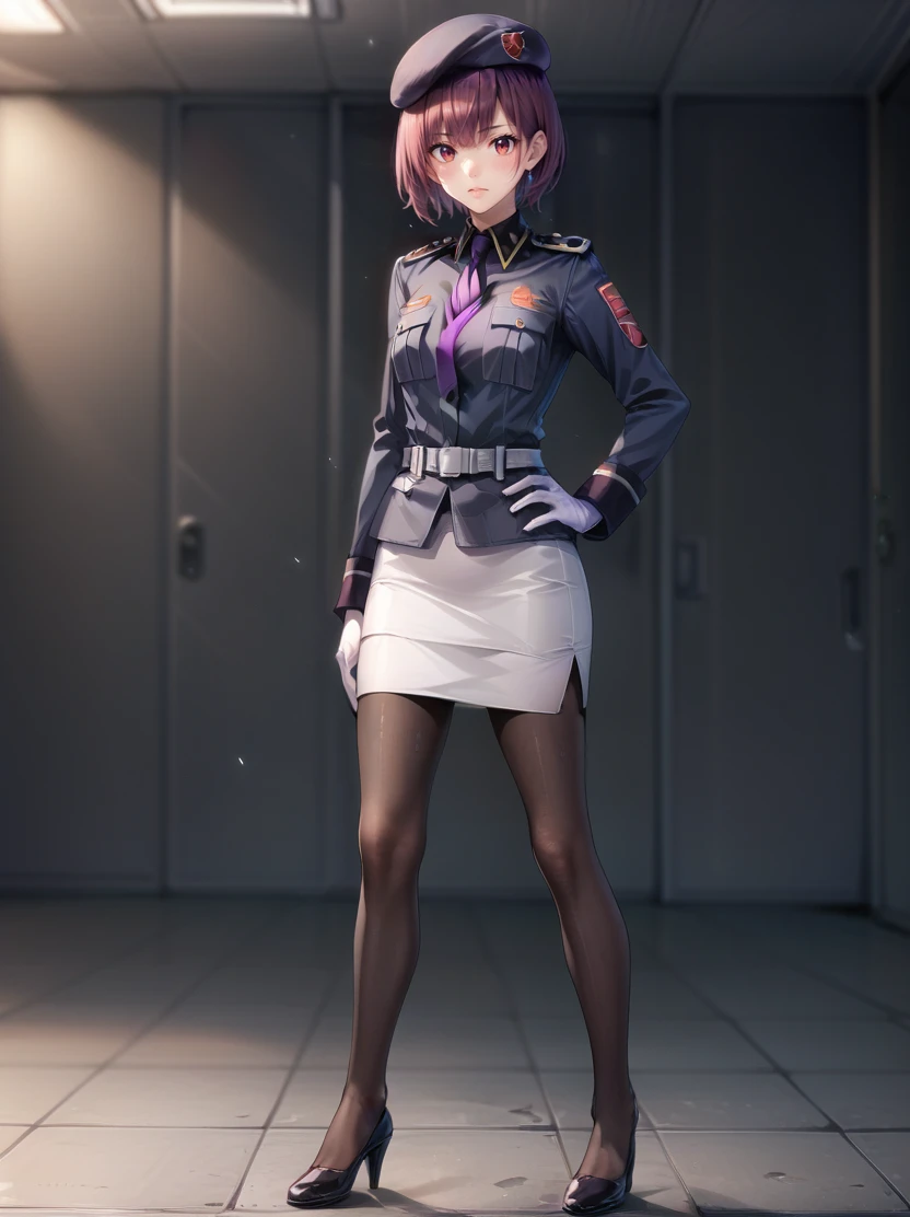 score_9, score_8_up, score_7_up,  highres, source_anime, (cowboy shot:1.3), hand on hip
holographic interface, army briefing room
1girl, tdksk,  blurry background,
enduring, blush, Fuchsia hair, short hair,  full body, military uniform, beret, white gloves, red eyes, necktie, white skirt, belt, jacket, pencil skirt, black pantyhose, long sleeves, purple necktie, bangs, medium breasts,
<lora:tdkskXL_kohyaV1:.9>