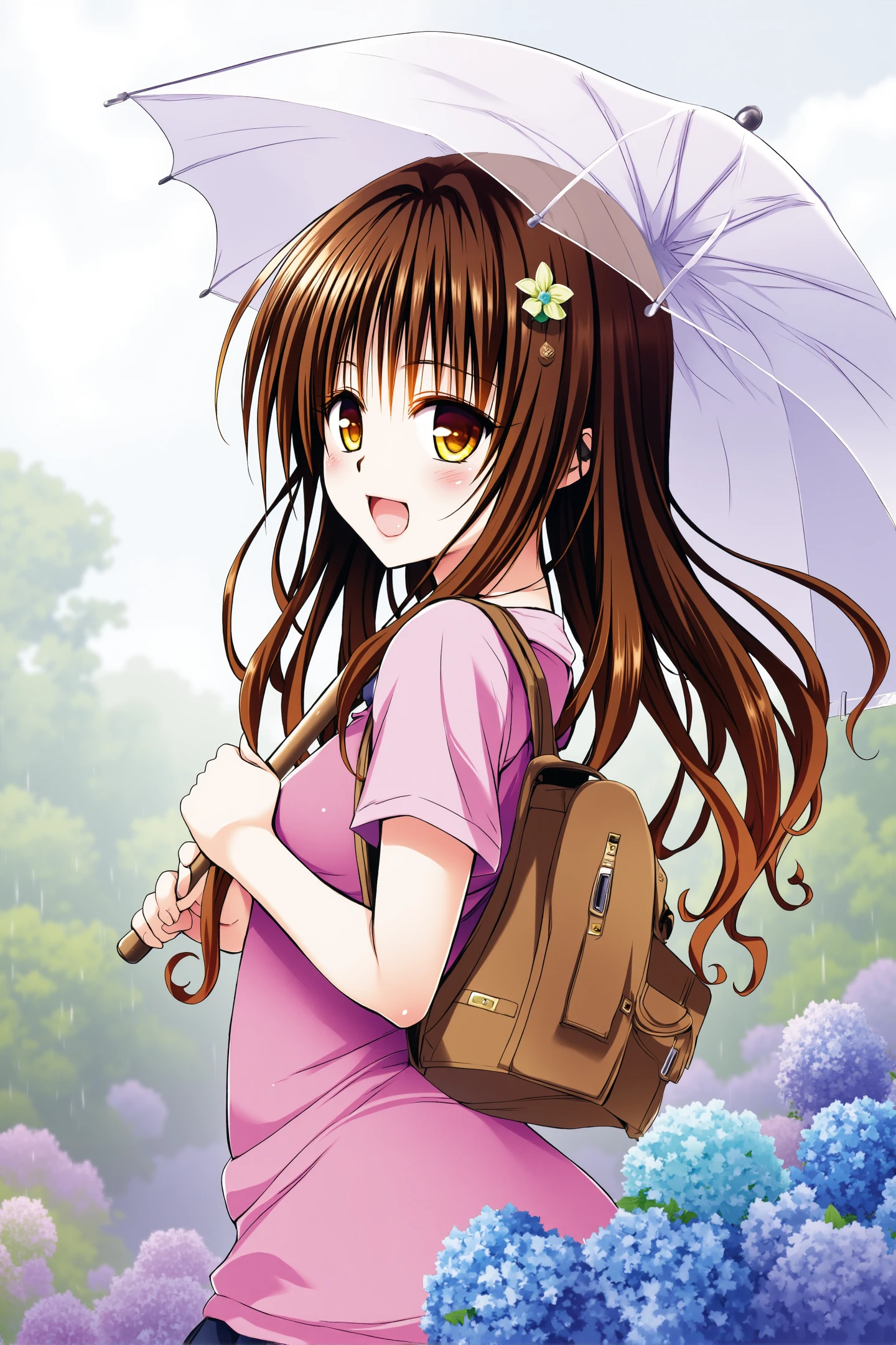 Yabuki Kentarou Style, 1girl, yuuki mikan, umbrella, hydrangea, brown hair, flower, solo, skirt, bag, randoseru, rain, backpack, long hair, open mouth, hair ornament, smile, looking at viewer, brown eyes, blush, transparent umbrella, looking back, outdoors, yellow eyes, pink shirt, holding, shirt, :d, holding umbrella,
<lora:Yabuki Kentarou_FLUX:1.3>,