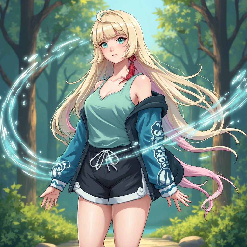 Mizuki, aqua eyes, long blond hair with pink highlights , red earring, platform sandals, black shorts, aqua tank top, aqua jacket, full body, in the forest, water magic