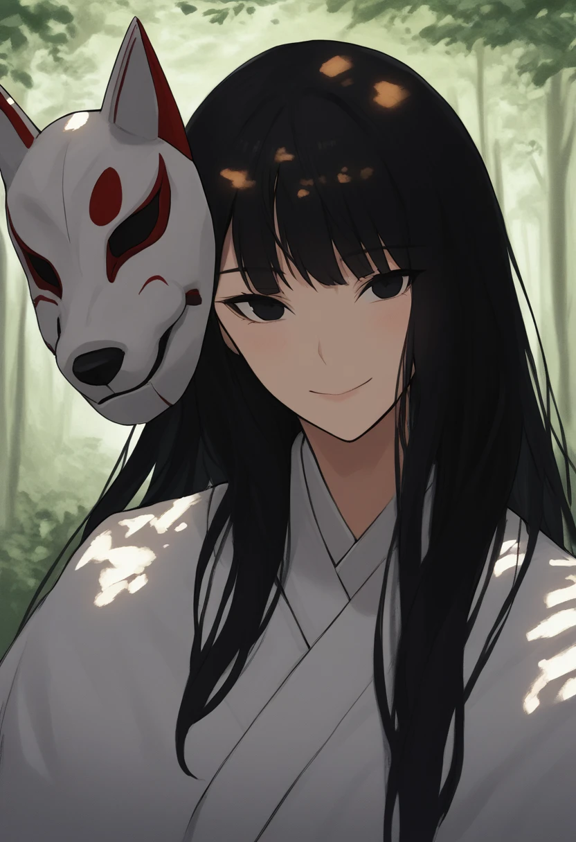 score_8_up, woman, smile, long hair, black hair, black eyes, looking at viewer, seductive smile, light blush, outdoors, forest, upper body, shade, wolf mask, white kimono, mask on head, 
<lora:DarkerThanDarkV1.5:0.5> 
<lora:AnimalMasks-000009:1>