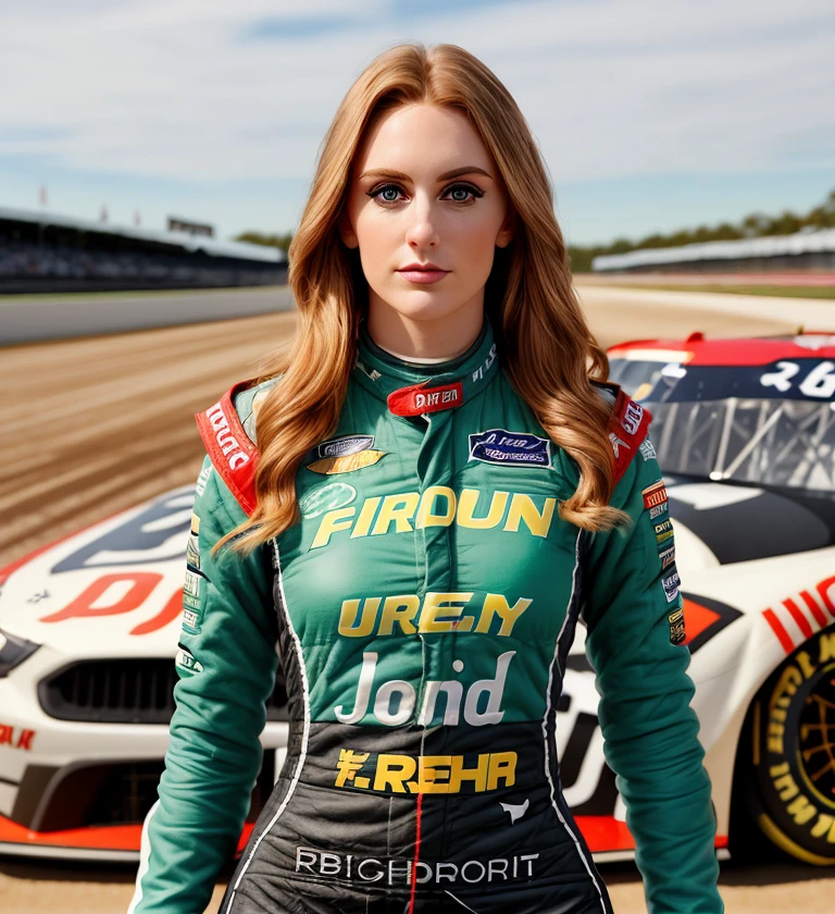 <lora:p34ch_20SD-000007:0.8>, a (close up:1.2) photograph of 22 year old beautiful (p34ch woman:1.1) as a NASCAR race car driver,wearing a (jade green) racing firesuit,standing next to racing stock car,parked in victory lane, holding a trophy,at Daytona 500, race track in background,(face focus) (close up shot:1.1)professional portrait, 4k wallpaper, highly detailed, bokeh